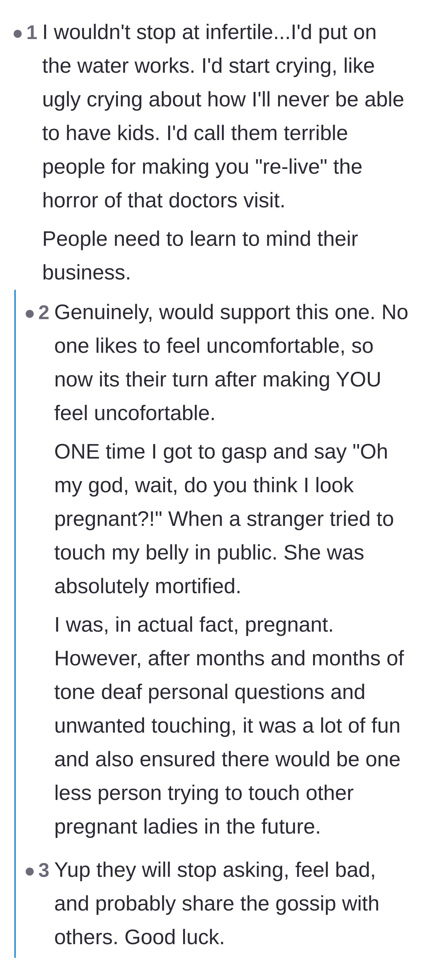 Comment thread 3 - Commenters advocate for fake crying to make nosy people deeply uncomfortable, swapping stories of aggressively confronting boundary-stompers.