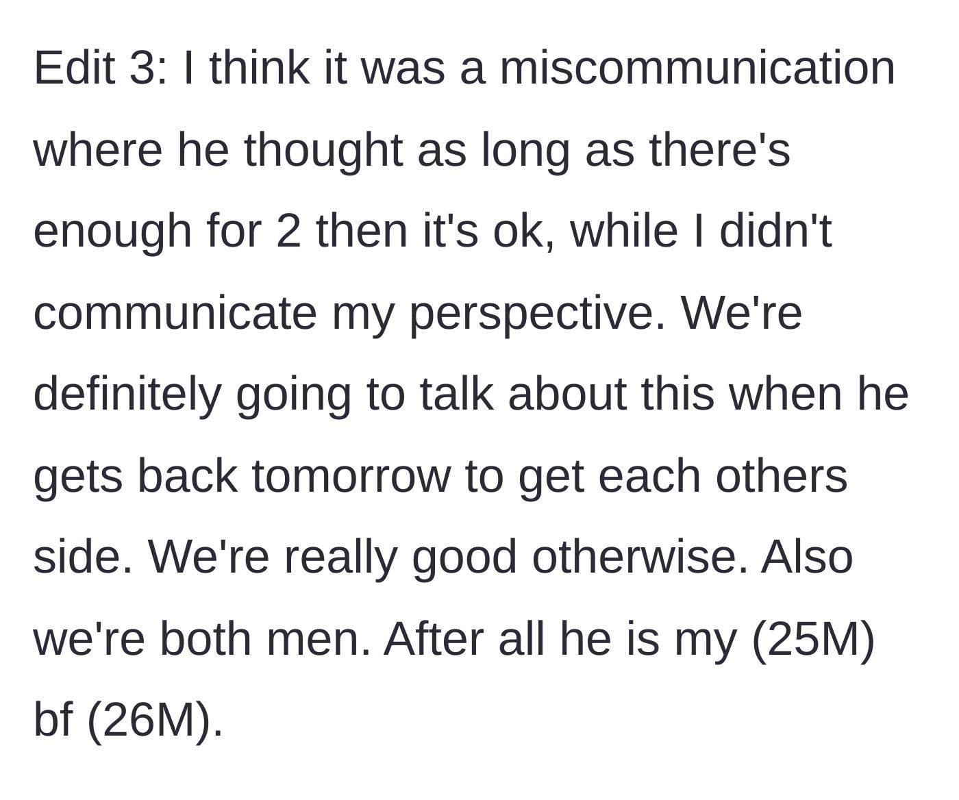 Story part 10 - OP realizes it was a miscommunication and reveals they are a gay couple.