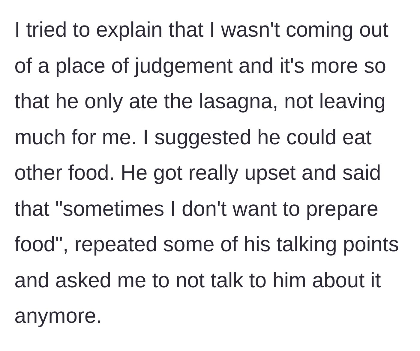 Story part 5 - OP tries to clarify he's upset about the lack of leftovers, but the boyfriend shuts him down.