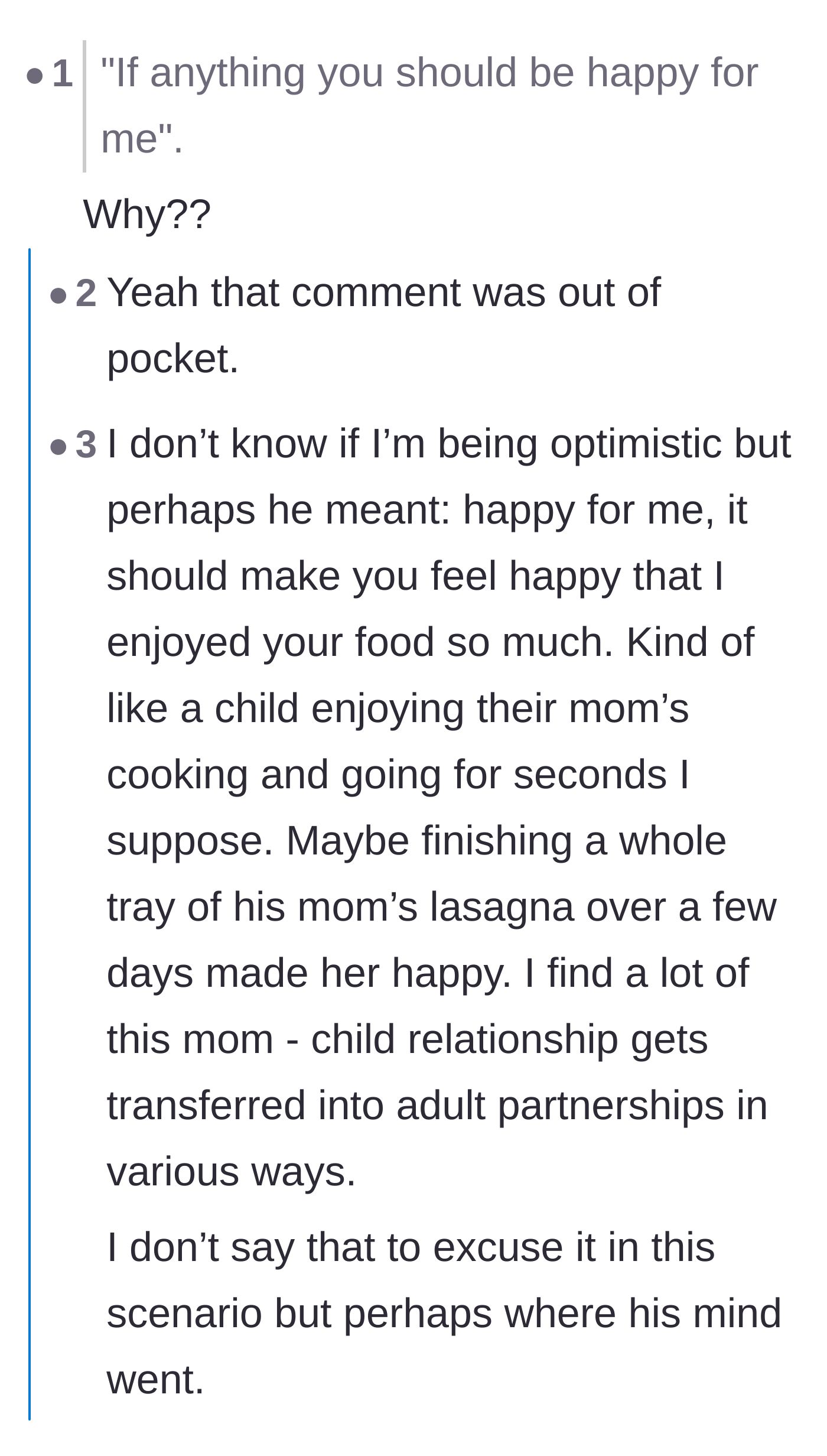 Comment thread 2 - Analyzing the boyfriend's weird demand that his partner should be happy for him eating all the food.