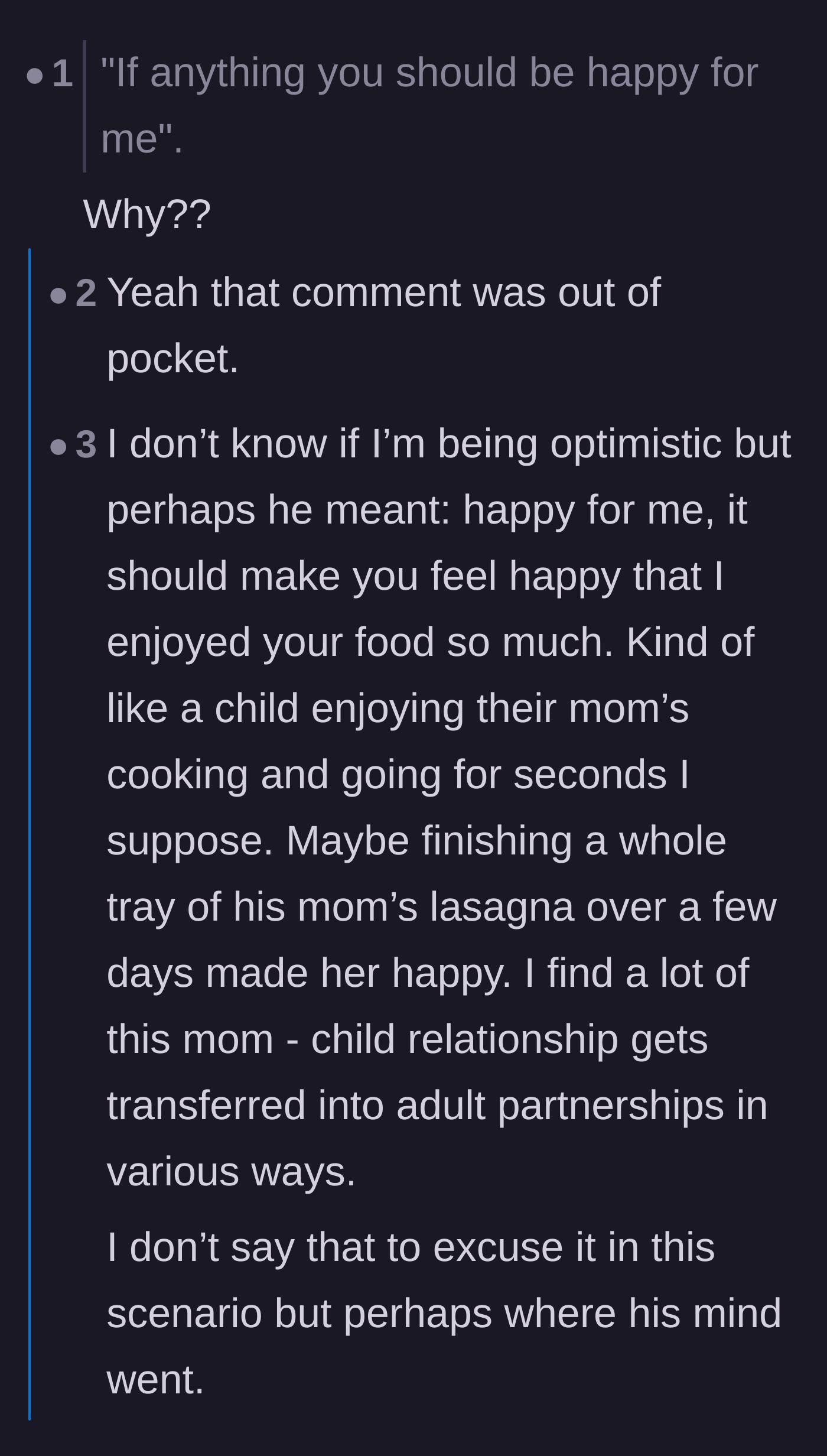 Comment thread 2 - Analyzing the boyfriend's weird demand that his partner should be happy for him eating all the food.