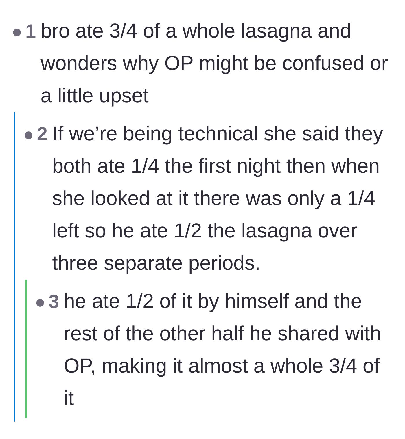 Comment thread 4 - Readers doing the fractional math on exactly how much lasagna the boyfriend consumed.