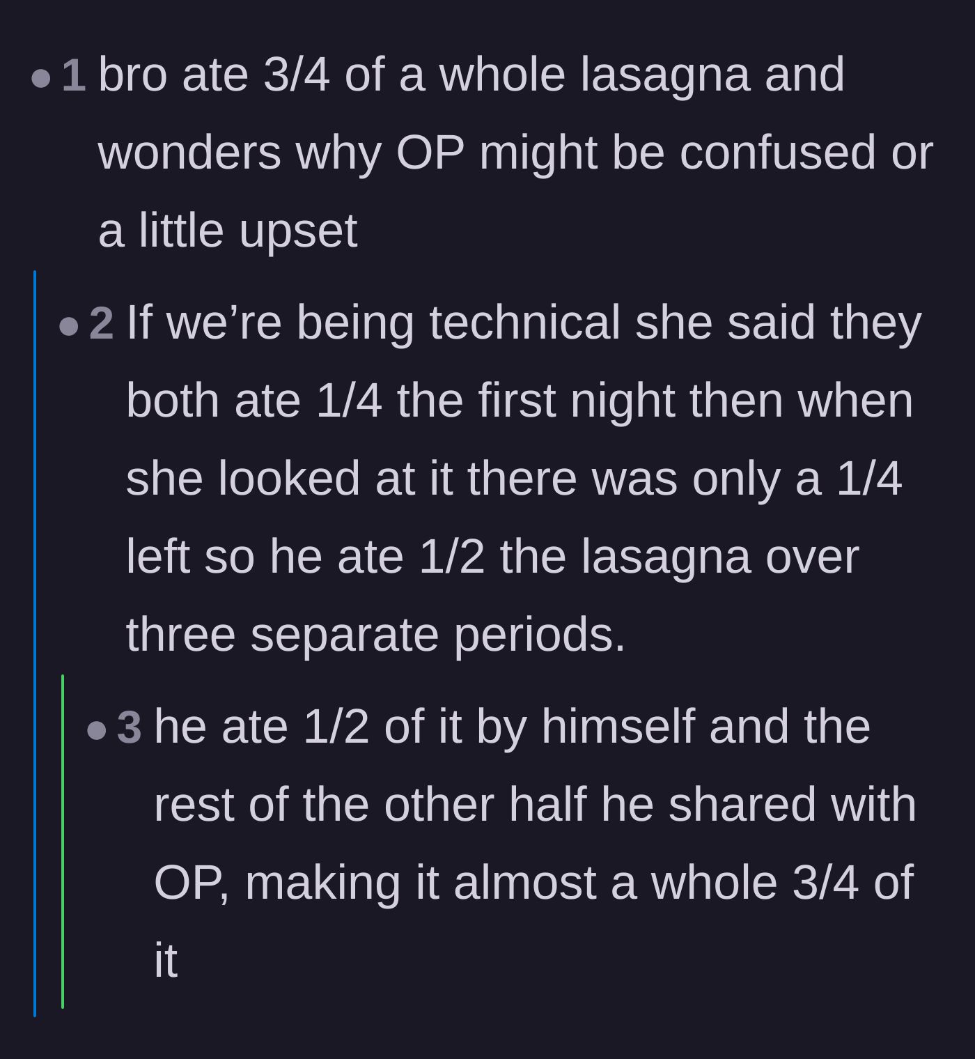 Comment thread 4 - Readers doing the fractional math on exactly how much lasagna the boyfriend consumed.