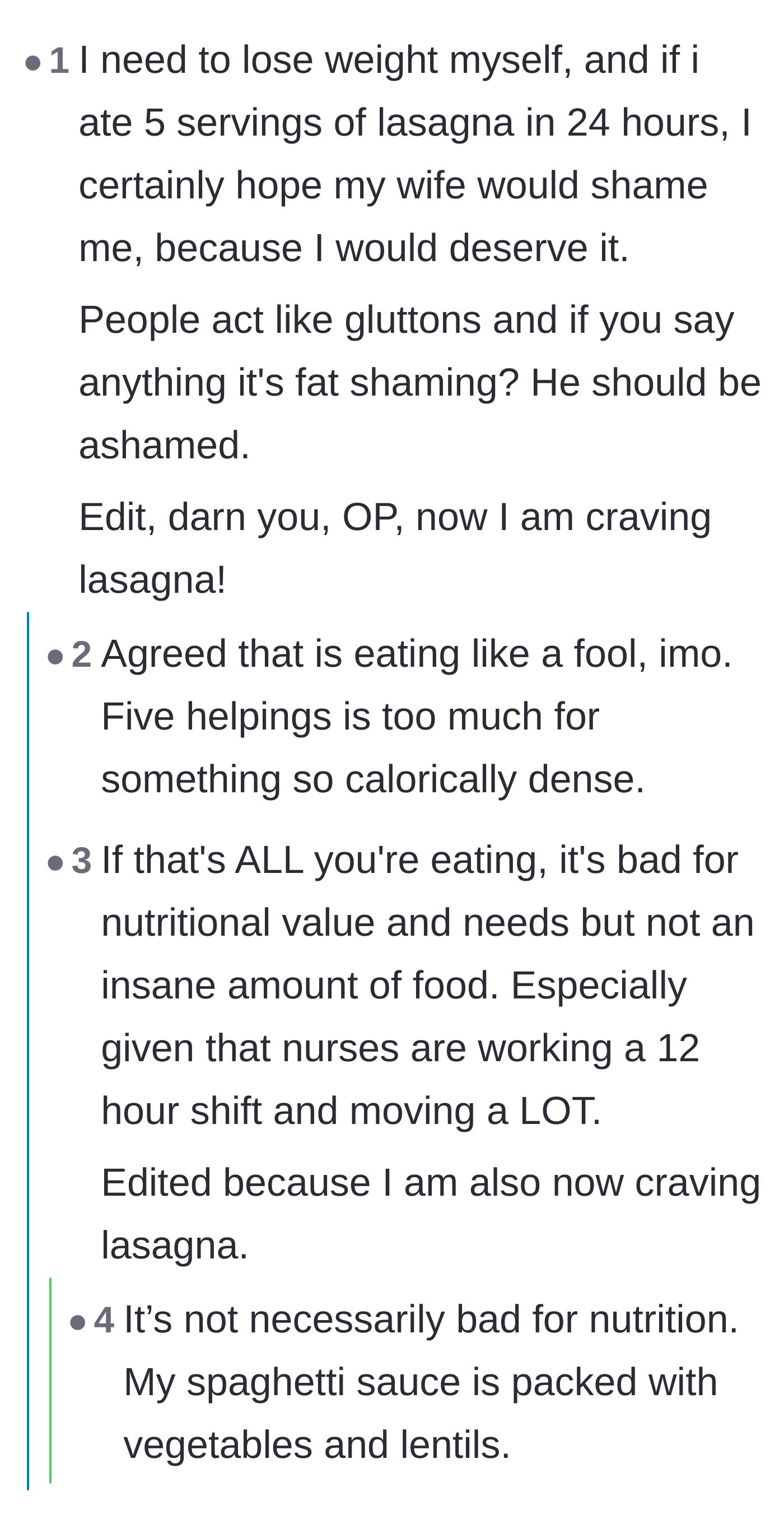 Comment thread 5 - Discussing the boyfriend's fat-shaming accusation and everyone suddenly craving lasagna.