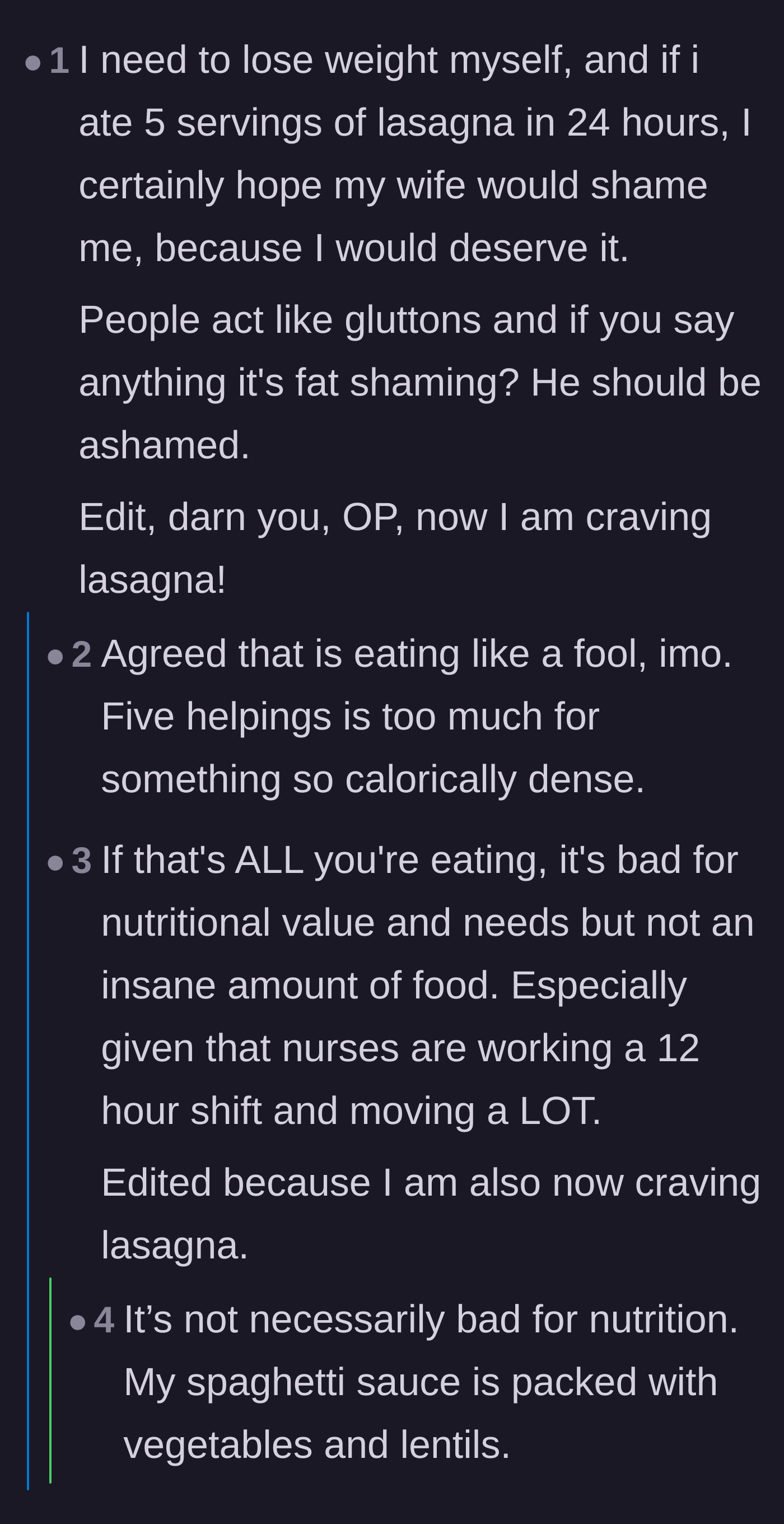 Comment thread 5 - Discussing the boyfriend's fat-shaming accusation and everyone suddenly craving lasagna.