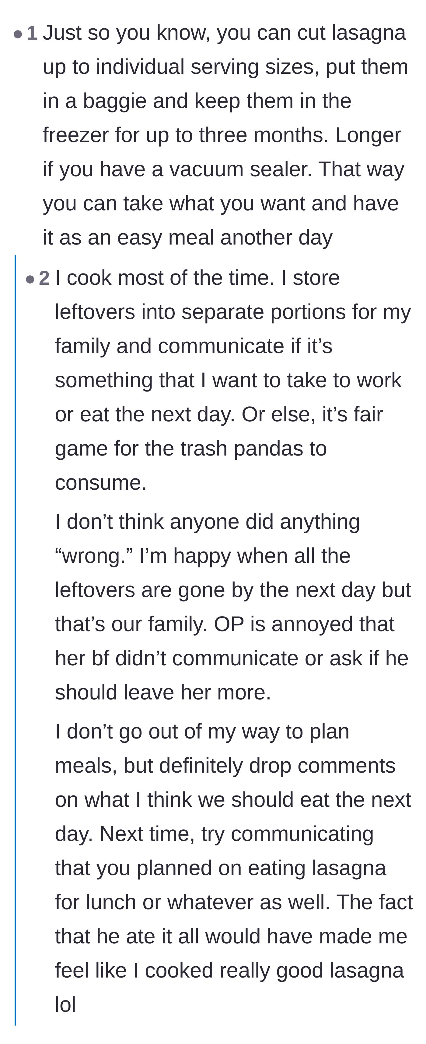 Comment thread 6 - Practical advice on portioning and freezing leftovers to avoid future theft.