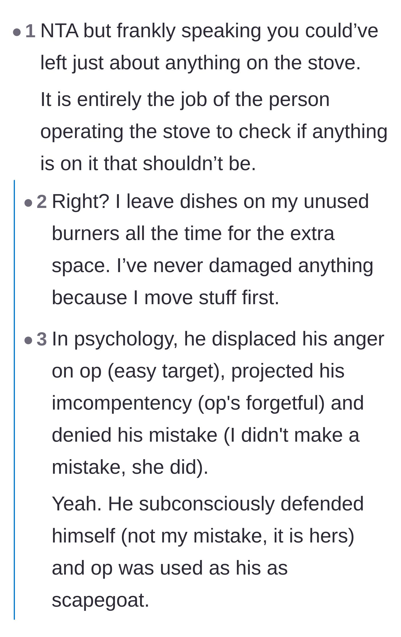 Comment thread 1 - Readers pointing out that it is the cook's responsibility to check the stove, with a deep dive into the psychology of blame.