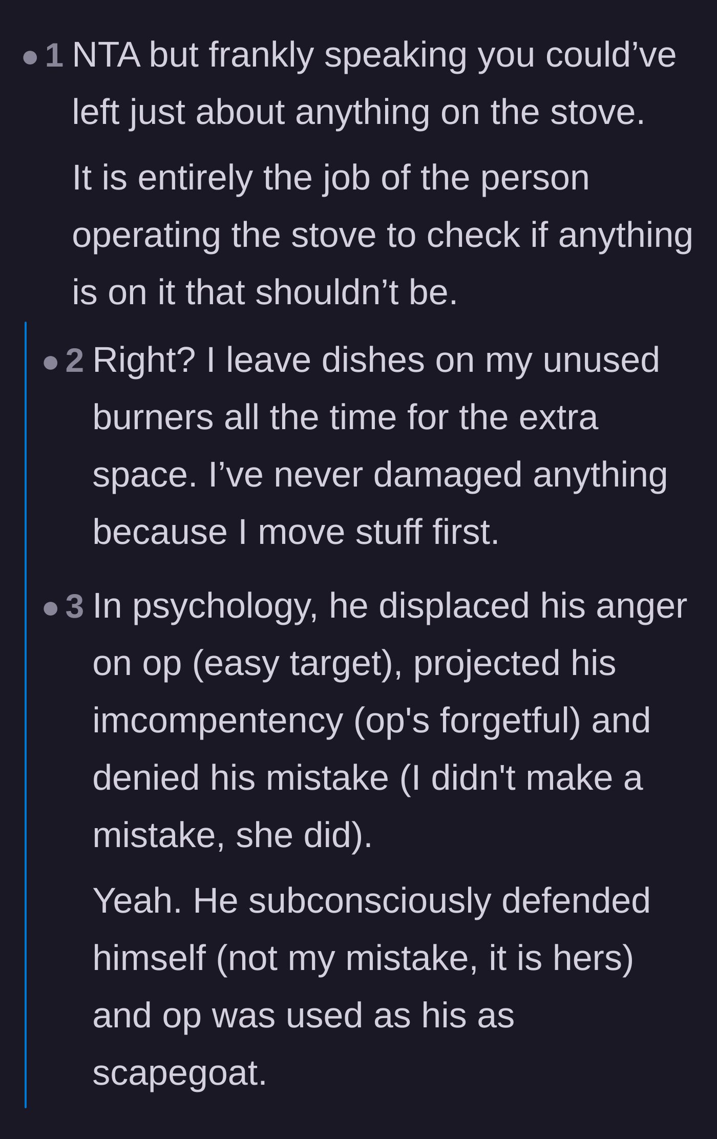 Comment thread 1 - Readers pointing out that it is the cook's responsibility to check the stove, with a deep dive into the psychology of blame.