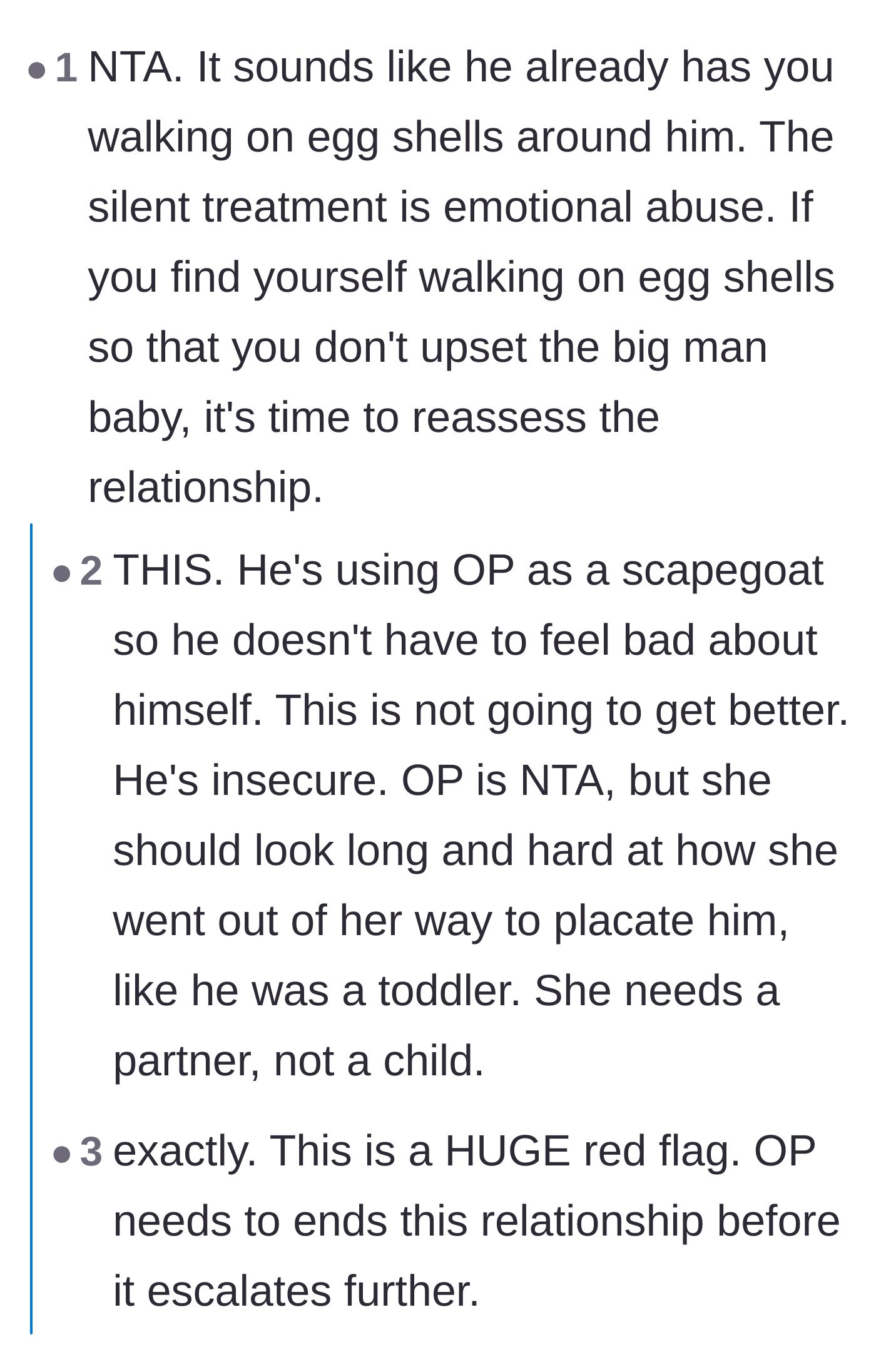 Comment thread 5 - A debate on whether the boyfriend's silent treatment crosses the line into emotional abuse or just toxic behavior.
