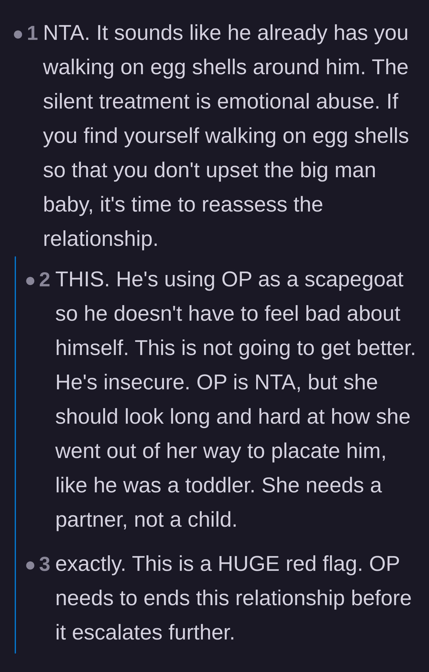 Comment thread 5 - A debate on whether the boyfriend's silent treatment crosses the line into emotional abuse or just toxic behavior.