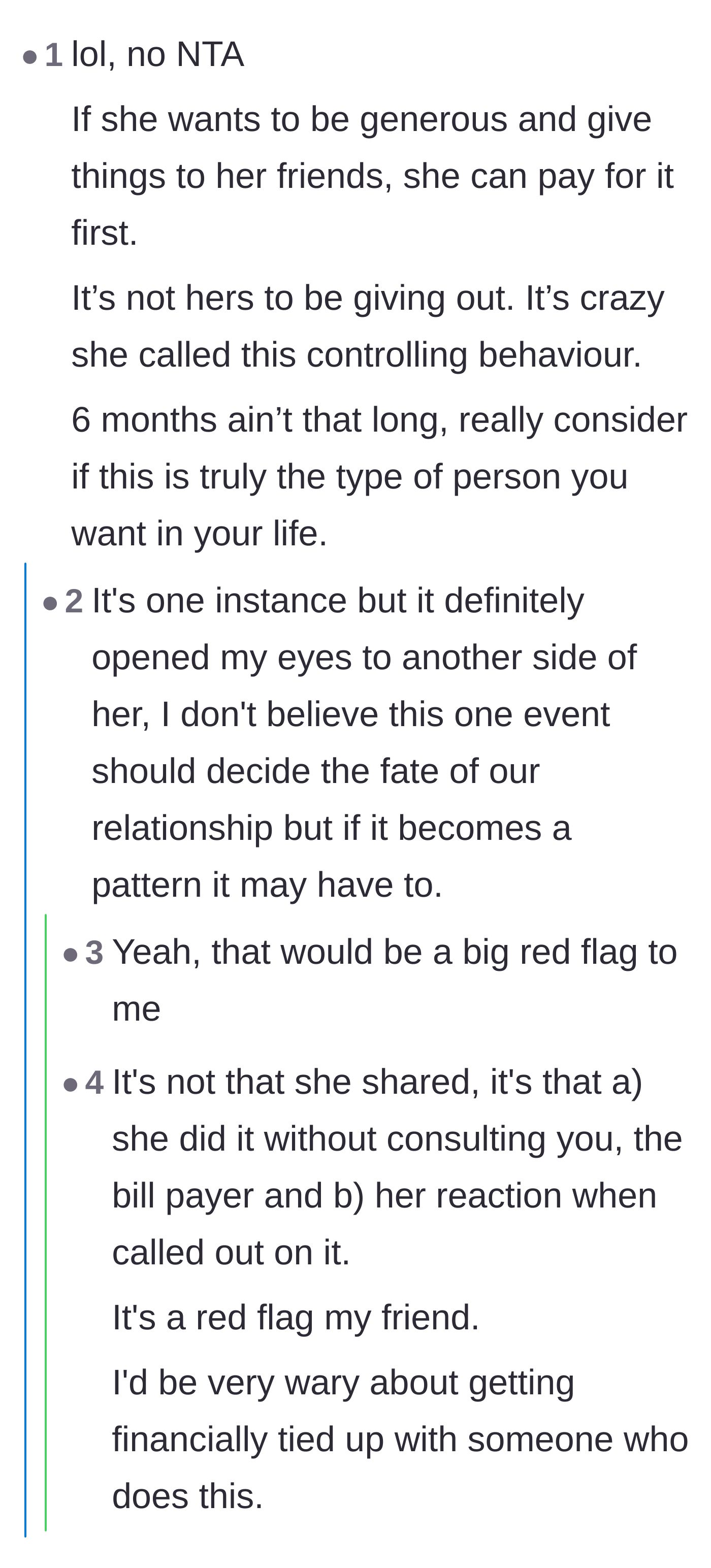 Comment thread 2 - Commenters highlight how ridiculous it is that she called him controlling for managing his own money.