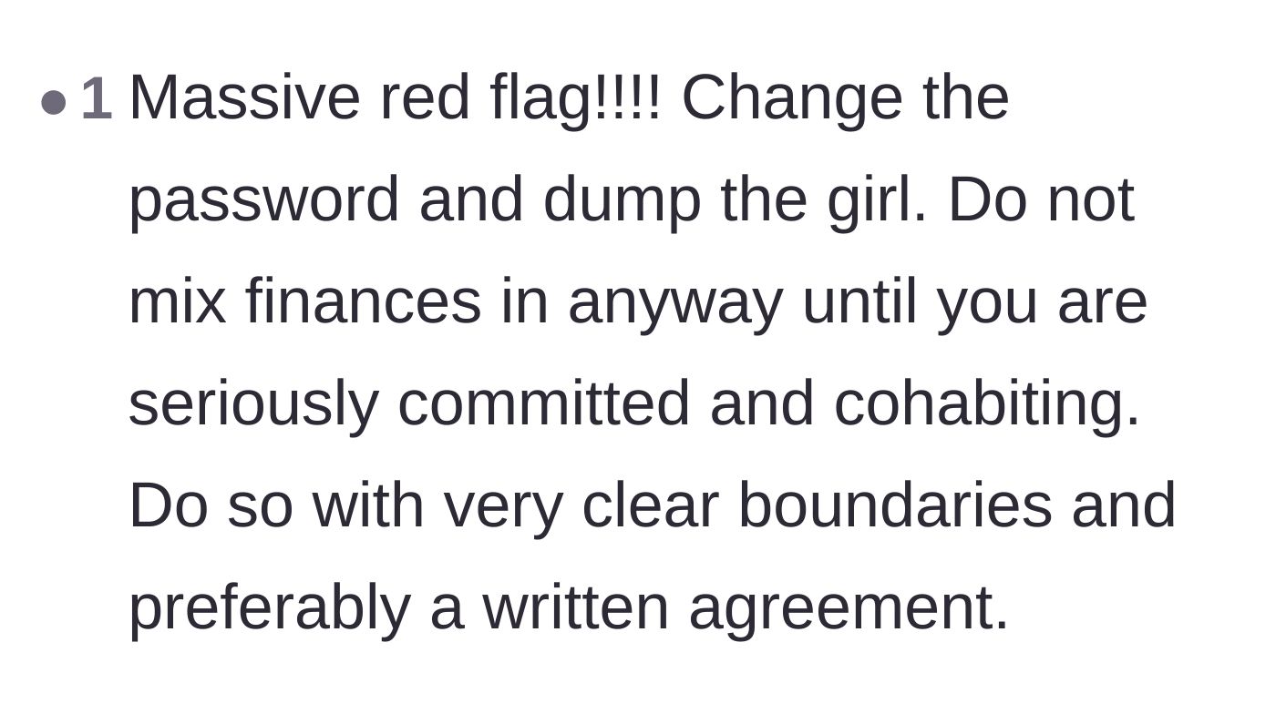 Comment thread 3 - Advice urging the original poster to cut ties and never mix finances early in a relationship.