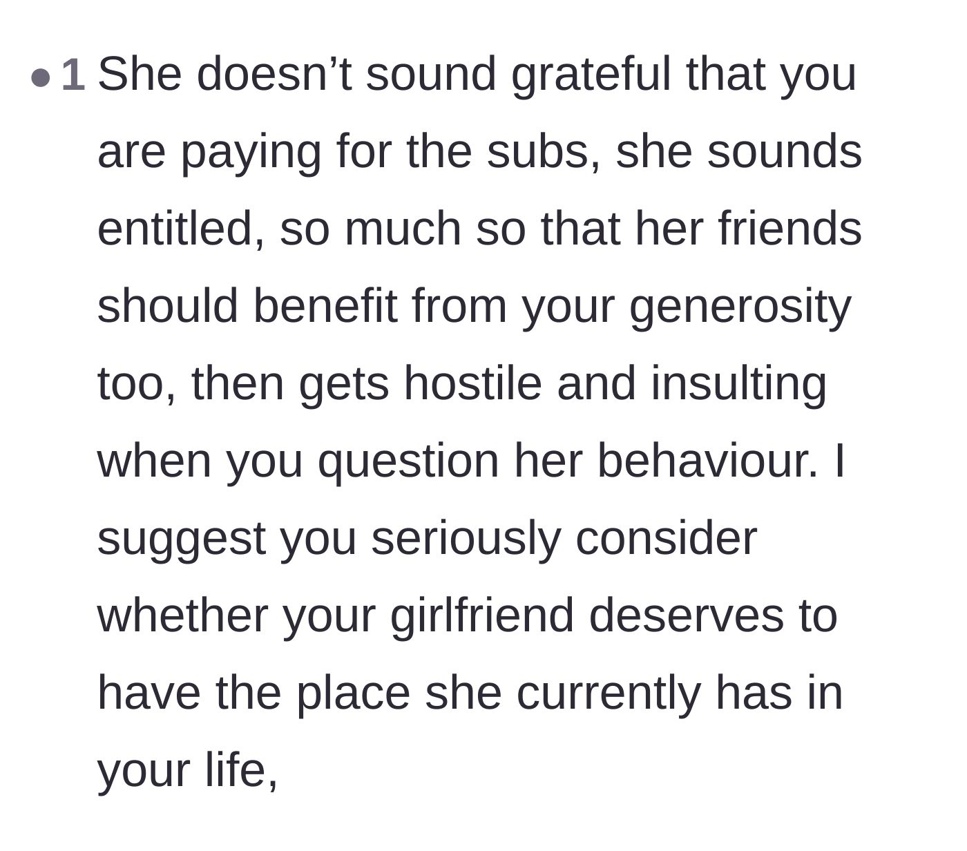 Comment thread 4 - A breakdown of the girlfriend's ungrateful attitude and staggering entitlement.