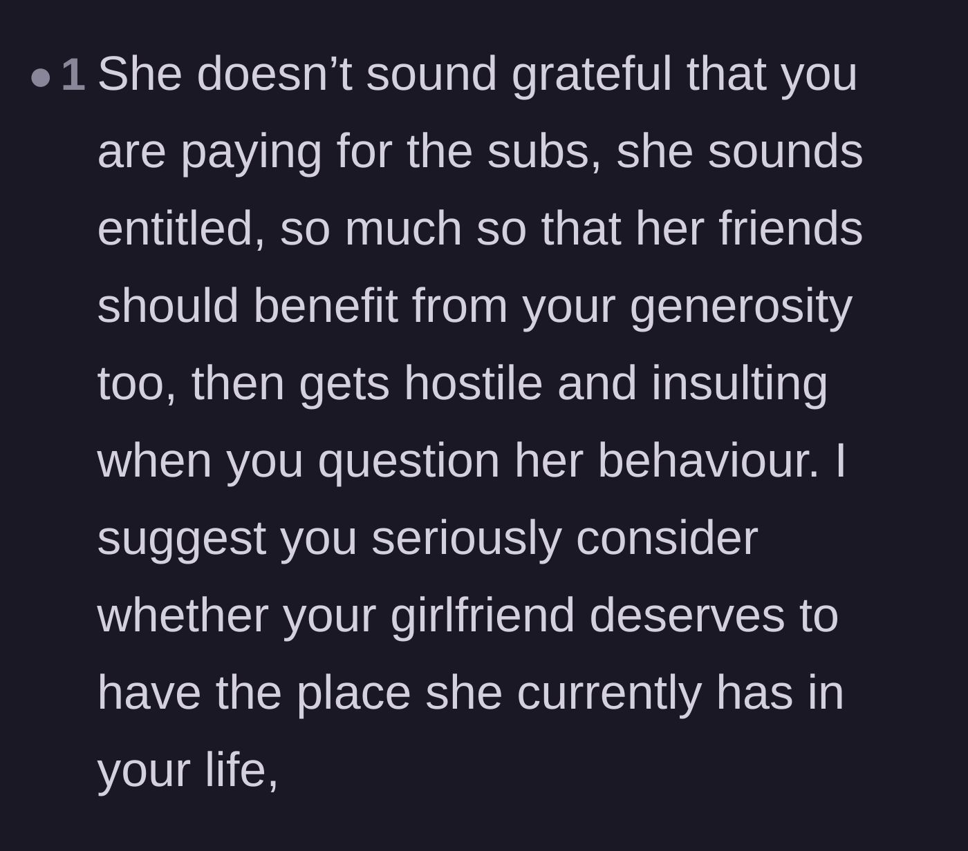Comment thread 4 - A breakdown of the girlfriend's ungrateful attitude and staggering entitlement.