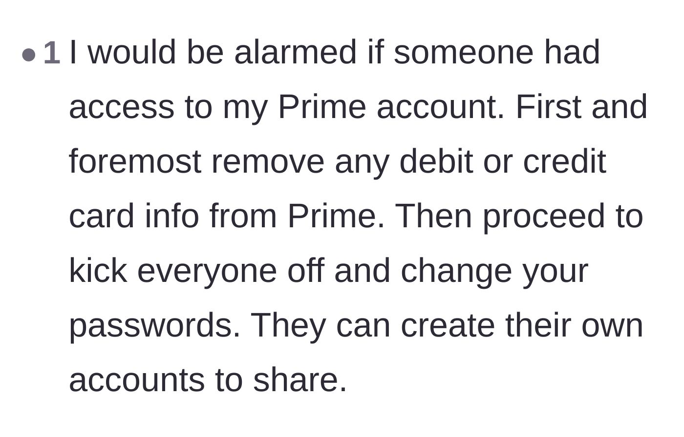 Comment thread 6 - Warnings about the specific financial dangers of giving strangers access to an Amazon Prime account.