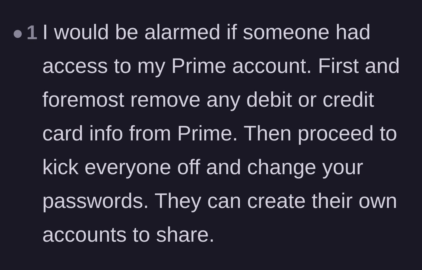Comment thread 6 - Warnings about the specific financial dangers of giving strangers access to an Amazon Prime account.