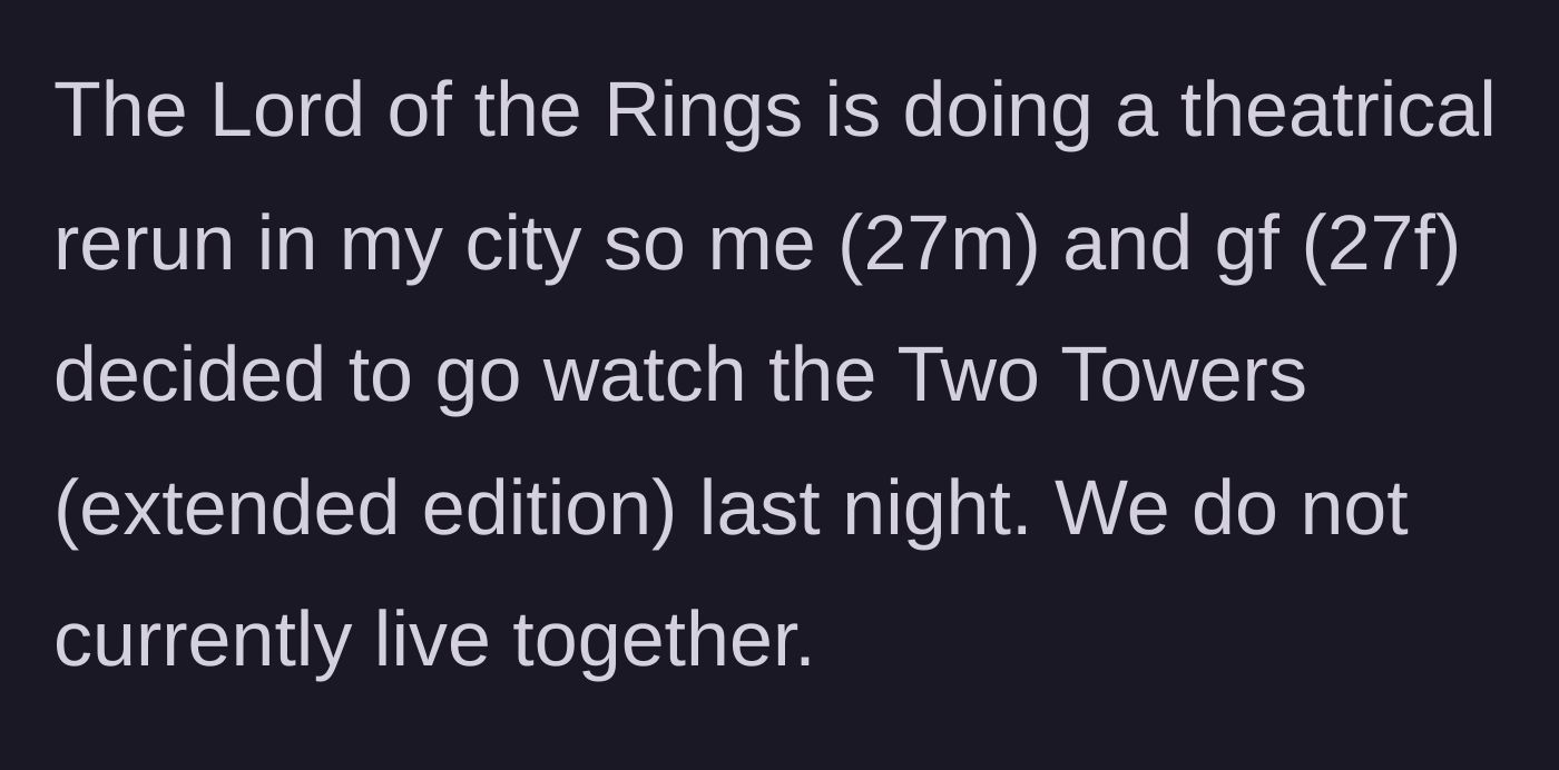 Story part 1 - The boyfriend sets the scene of a long movie night out watching The Lord of the Rings.