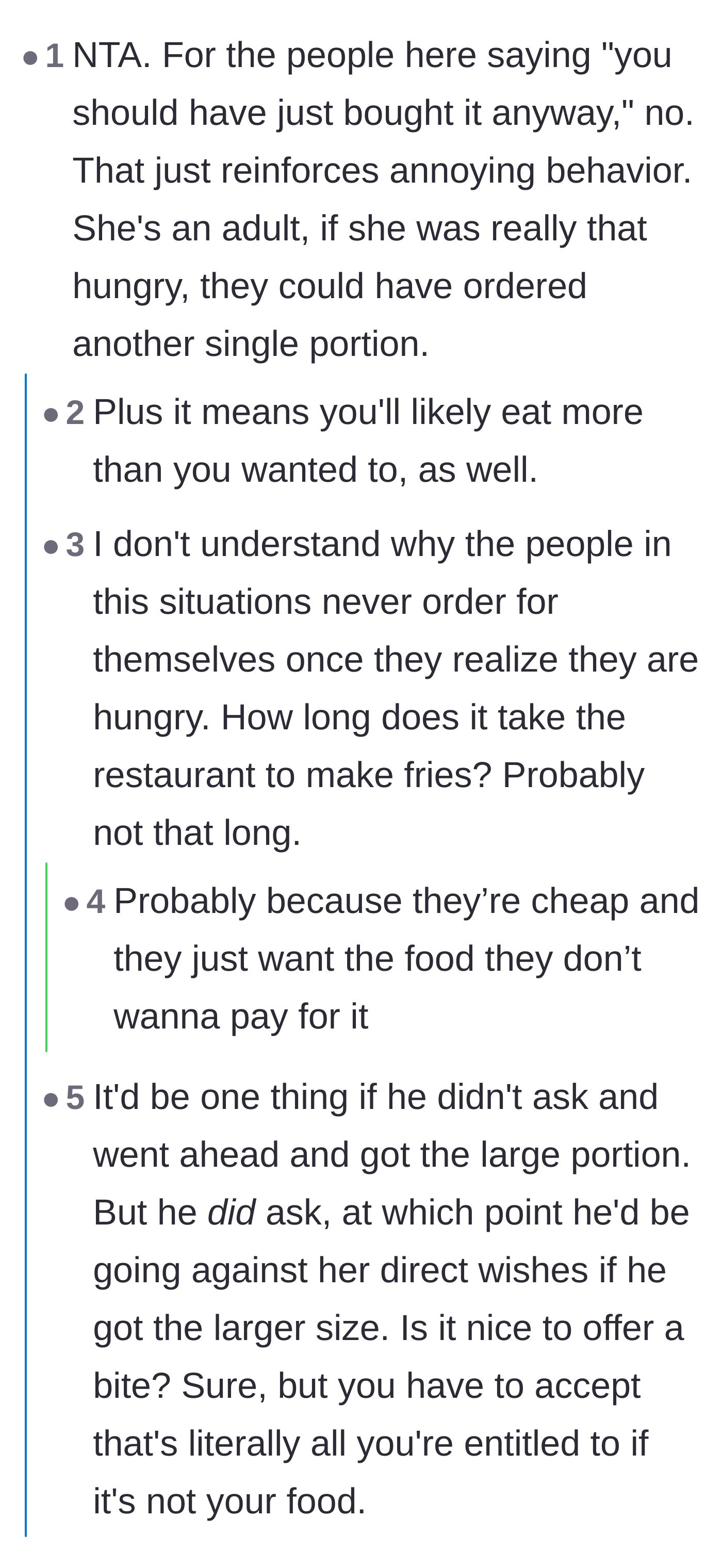 Comment thread 2 - Debating why adults refuse to just walk back inside and order their own food.