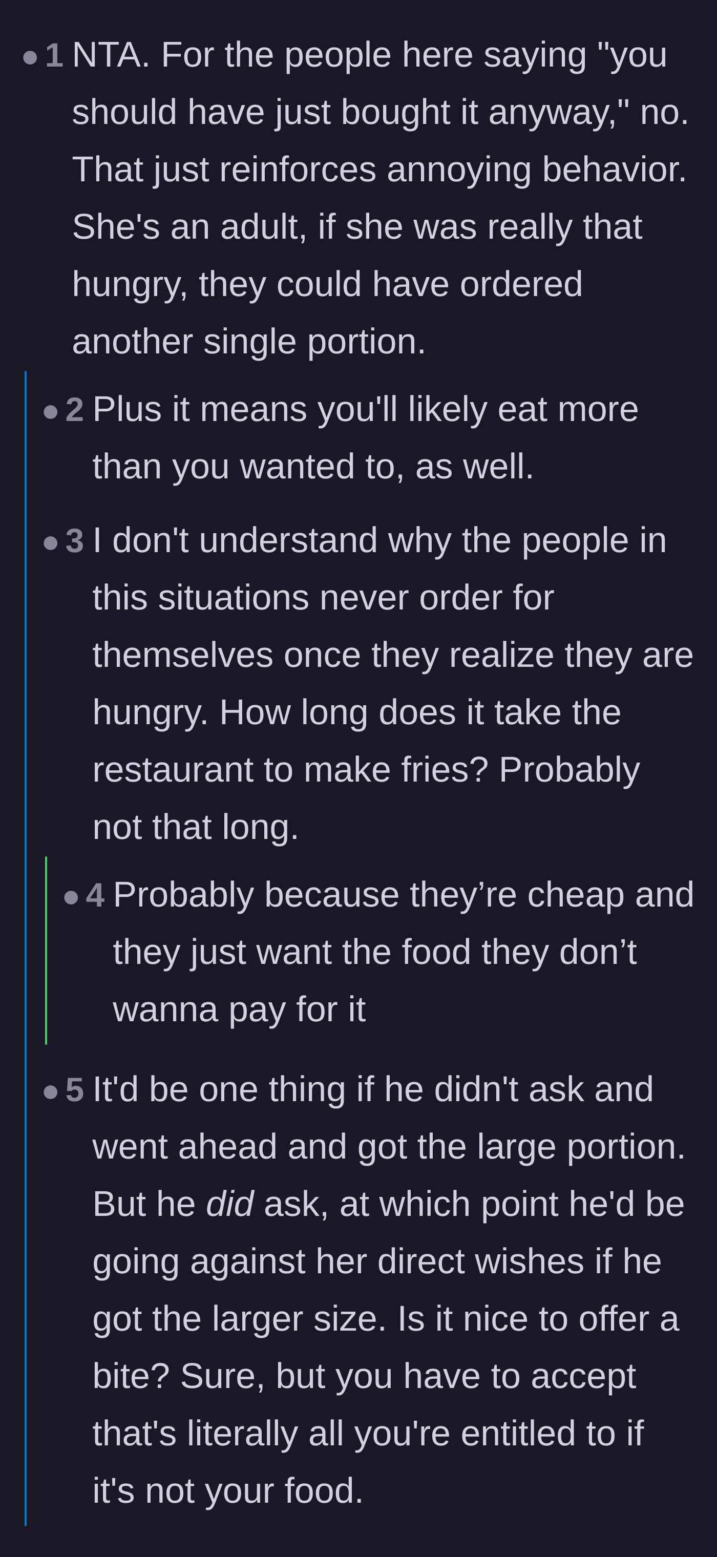 Comment thread 2 - Debating why adults refuse to just walk back inside and order their own food.