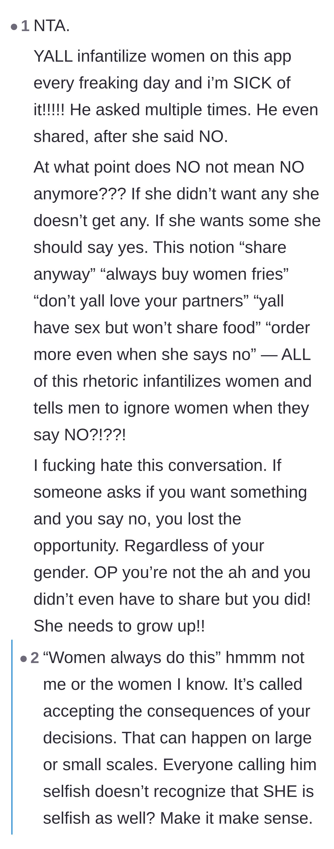 Comment thread 3 - Calling out the double standard of infantilizing women when they say 'no' to food.