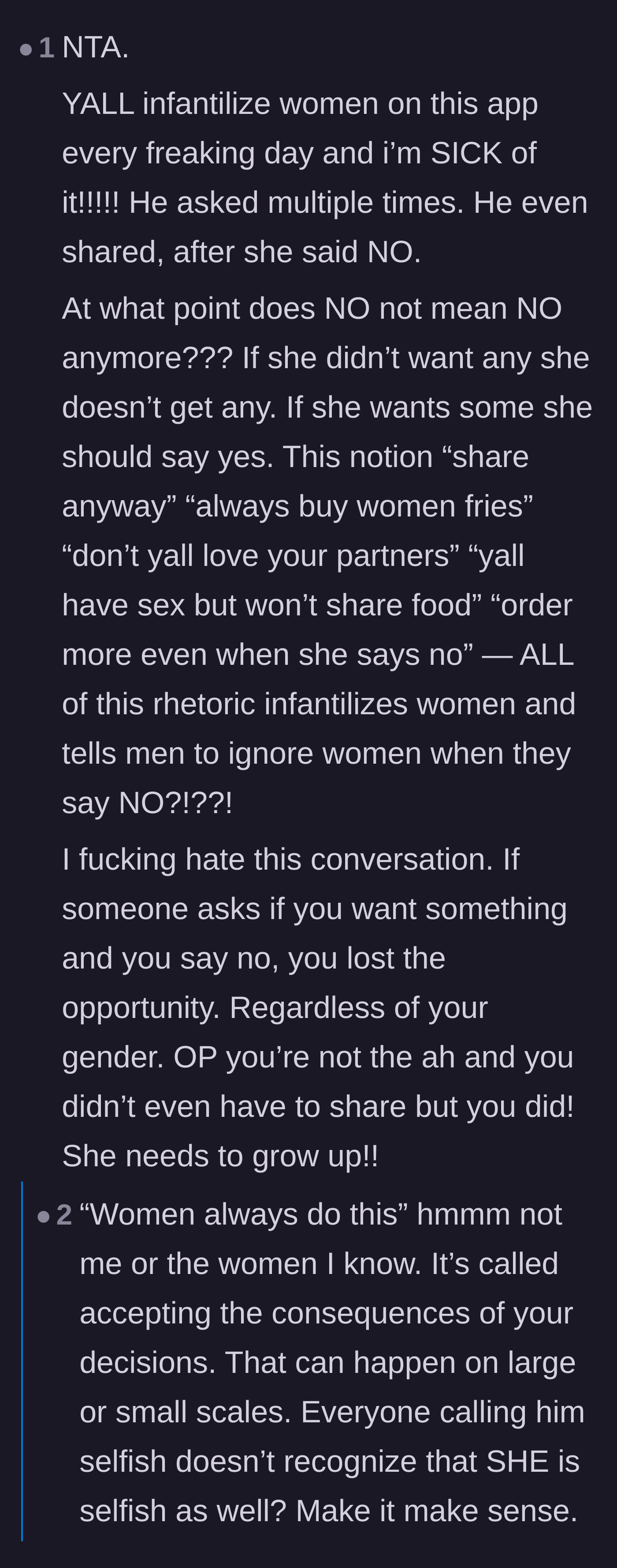 Comment thread 3 - Calling out the double standard of infantilizing women when they say 'no' to food.