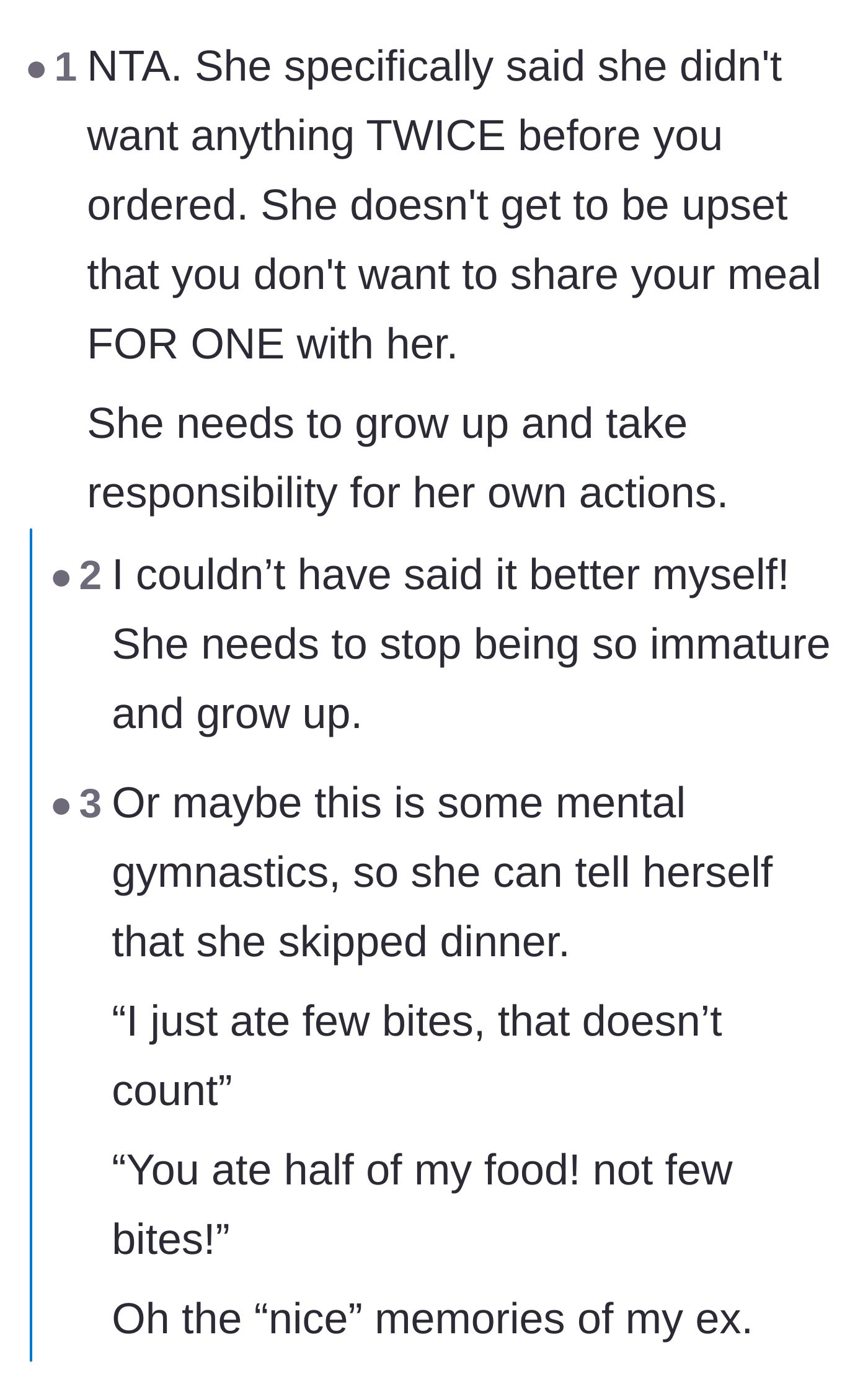 Comment thread 4 - Analyzing the mental gymnastics of eating someone else's food so the calories 'don't count.'