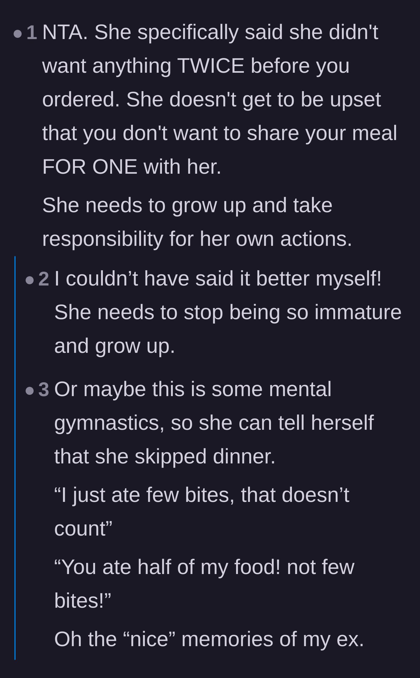 Comment thread 4 - Analyzing the mental gymnastics of eating someone else's food so the calories 'don't count.'