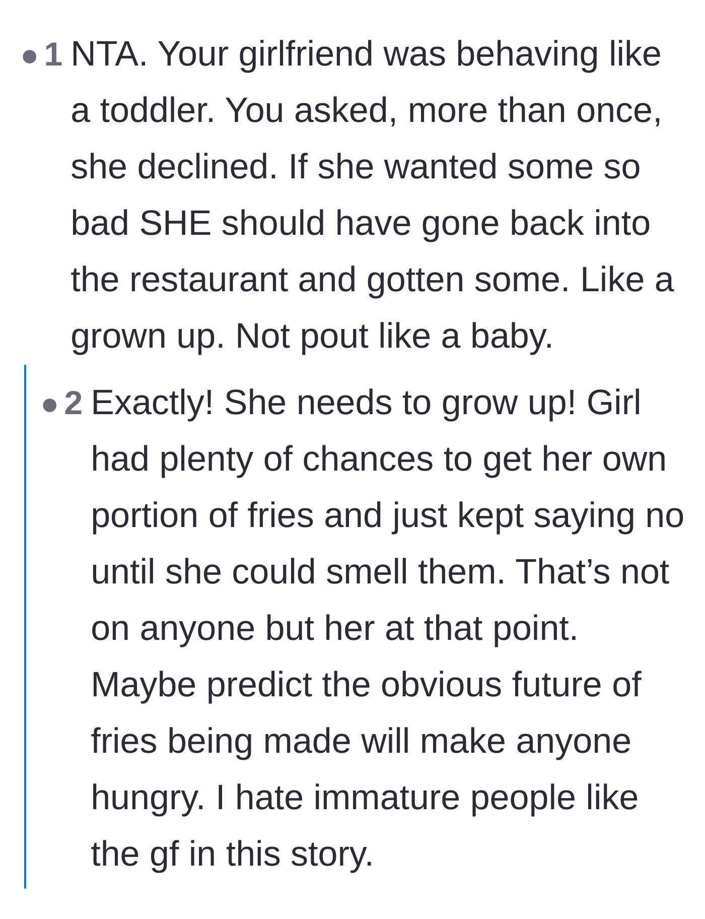 Comment thread 6 - Comparing the girlfriend's pouting behavior to a hungry toddler.