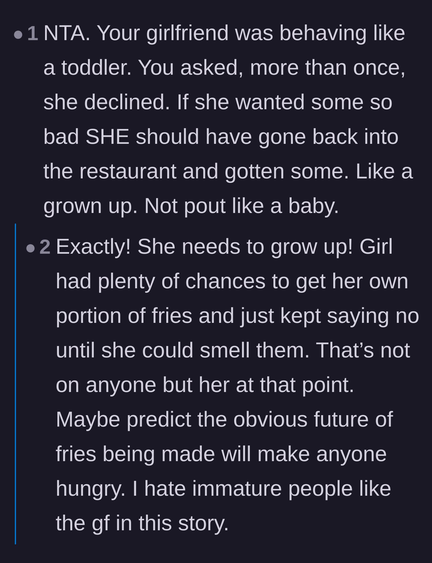 Comment thread 6 - Comparing the girlfriend's pouting behavior to a hungry toddler.