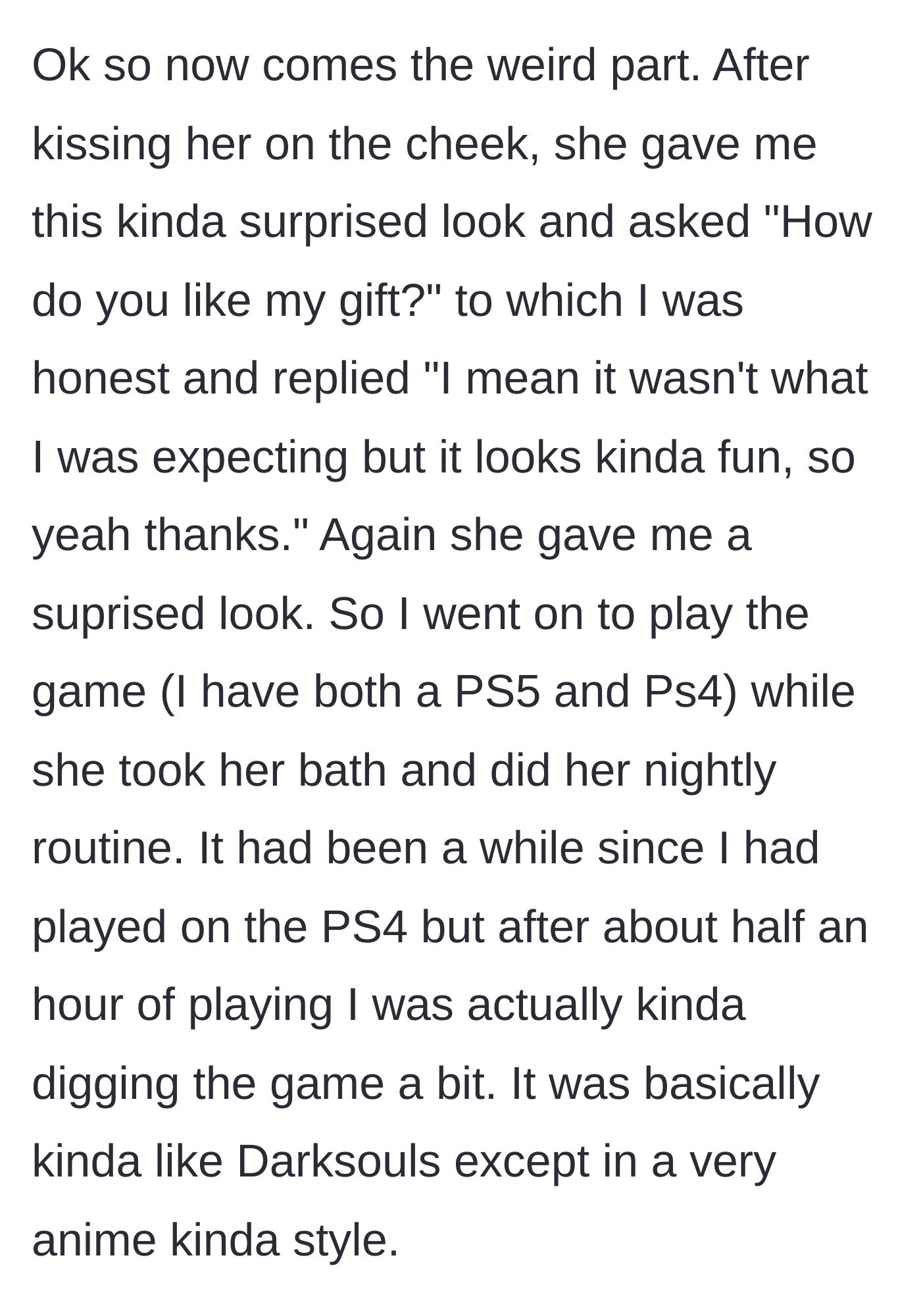 Story part 4 - The girlfriend looks shocked as the boyfriend starts playing and actually enjoying the 'wrong' game.