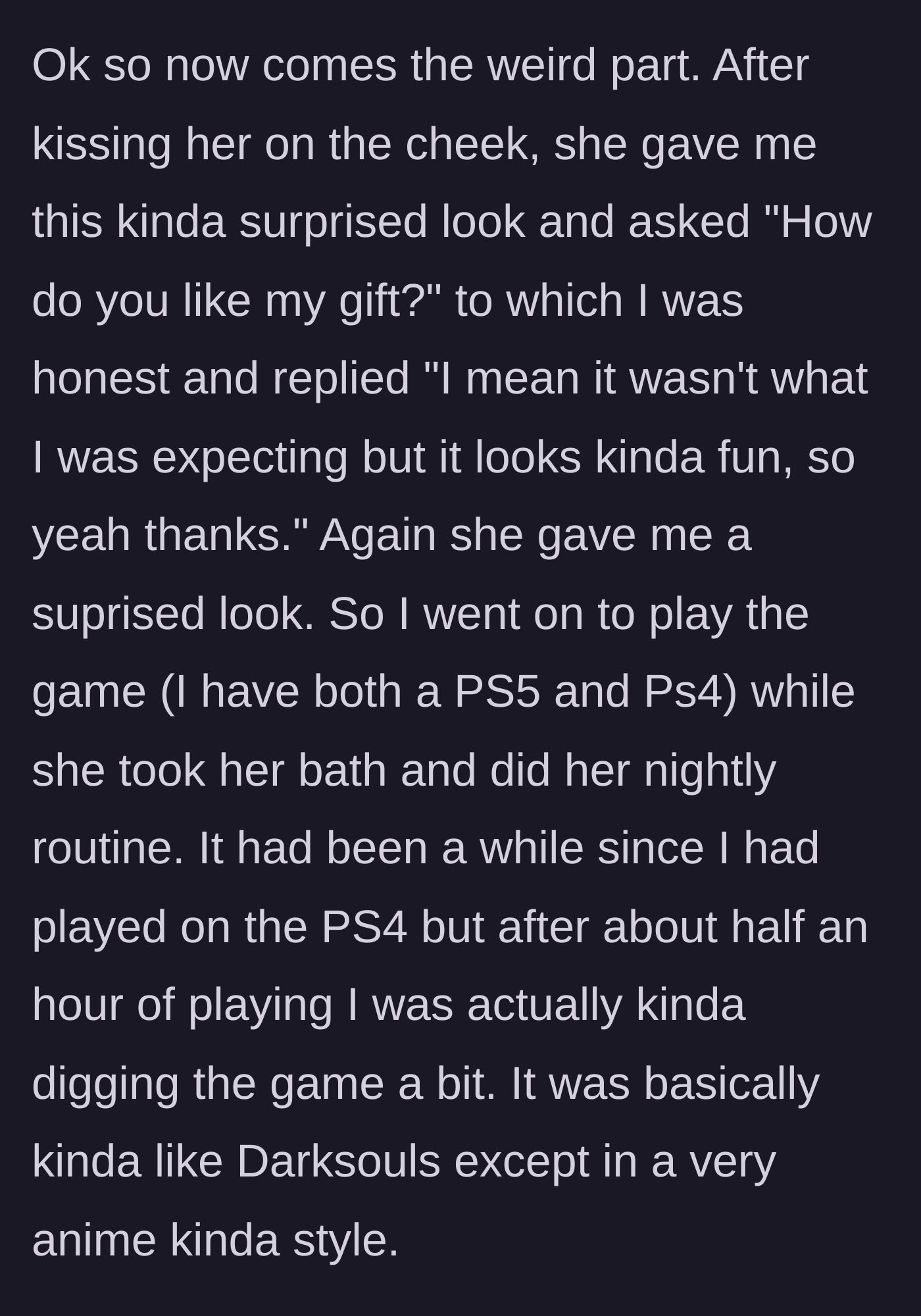 Story part 4 - The girlfriend looks shocked as the boyfriend starts playing and actually enjoying the 'wrong' game.