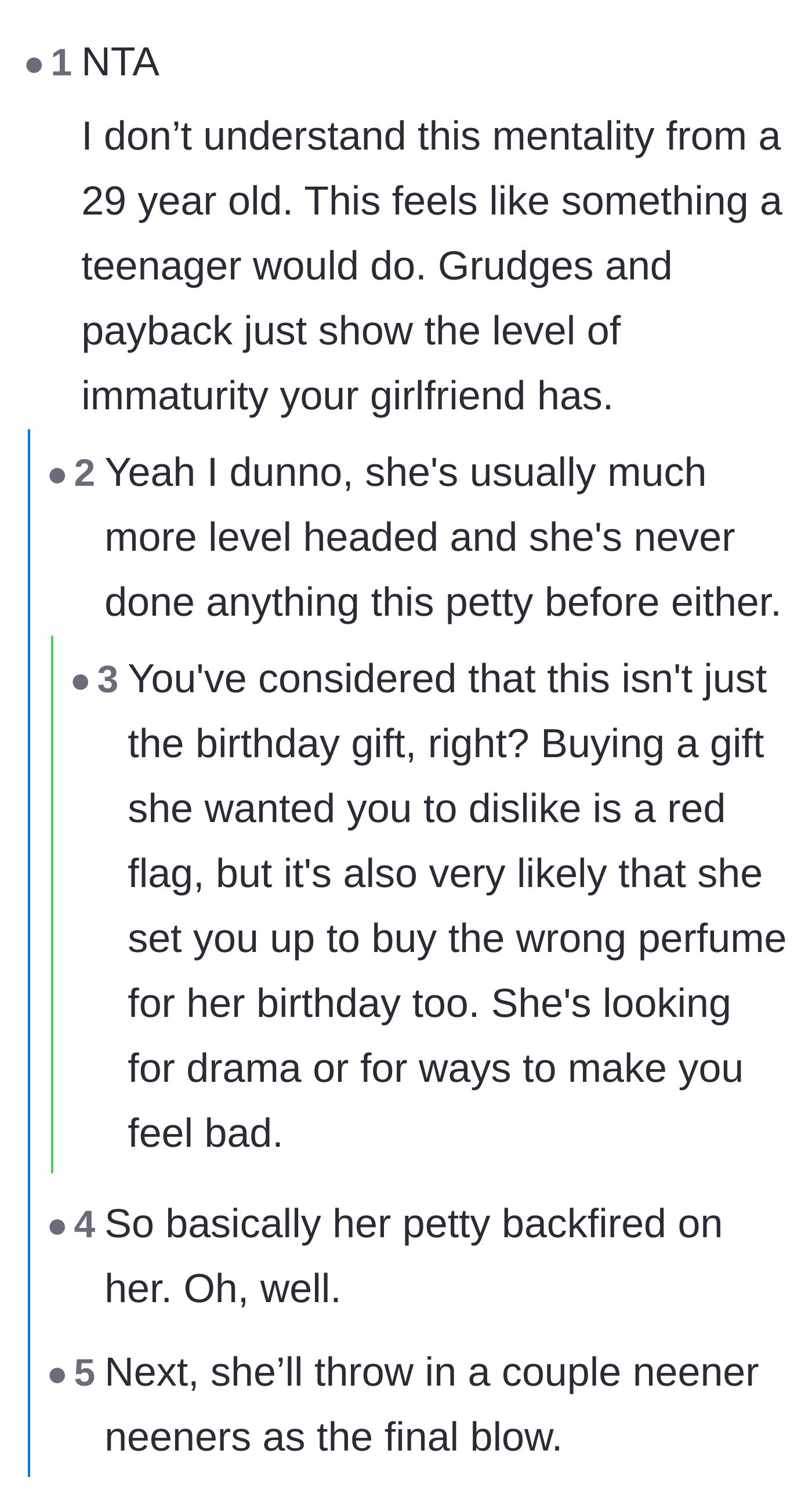 Comment thread 1 - Readers debating the girlfriend's immaturity and manipulative gift-giving behavior.