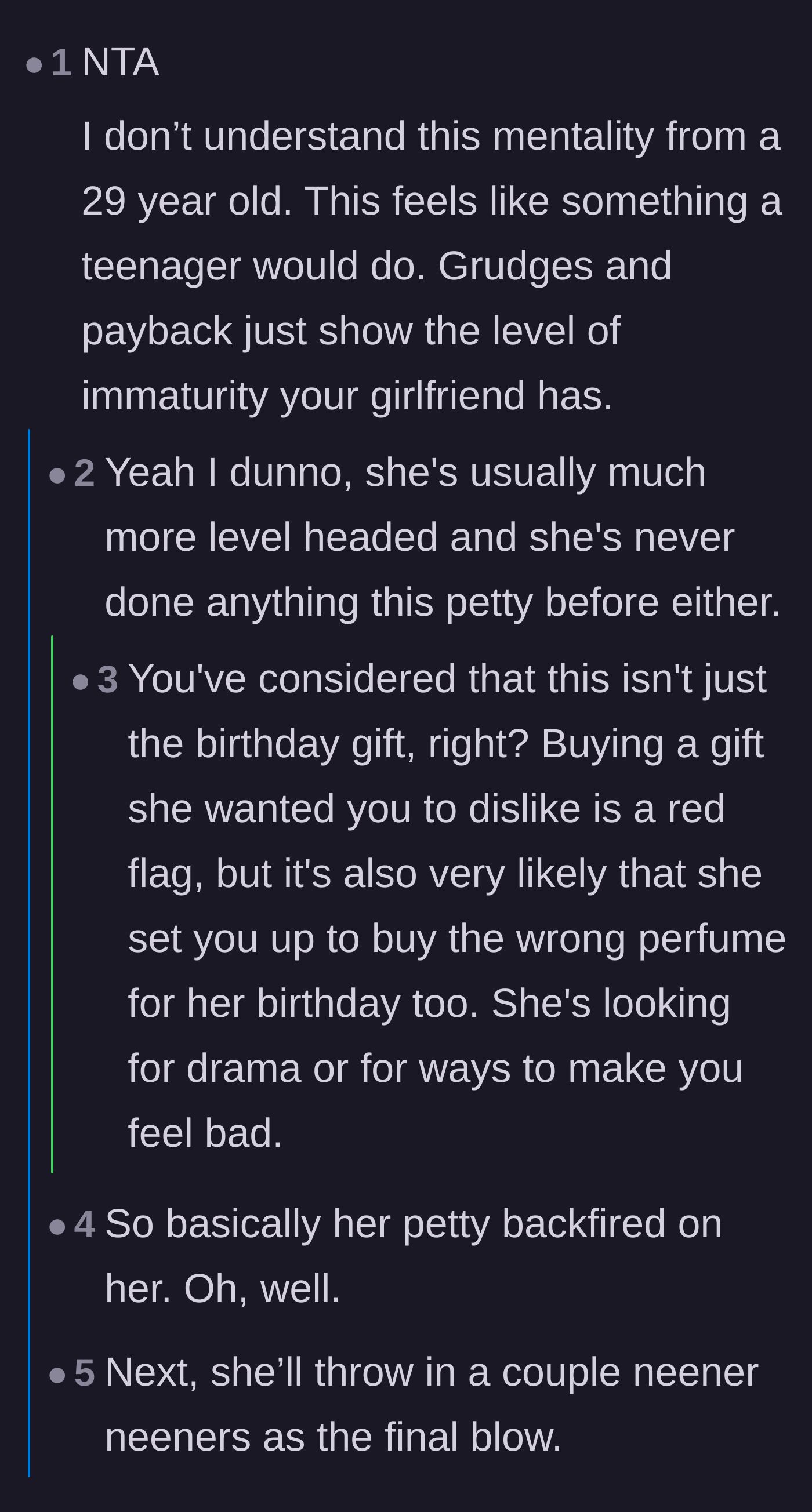 Comment thread 1 - Readers debating the girlfriend's immaturity and manipulative gift-giving behavior.