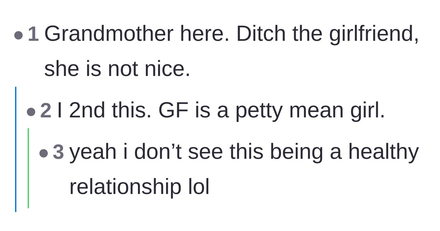Comment thread 4 - A grandmother weighing in with blunt advice to leave the relationship.