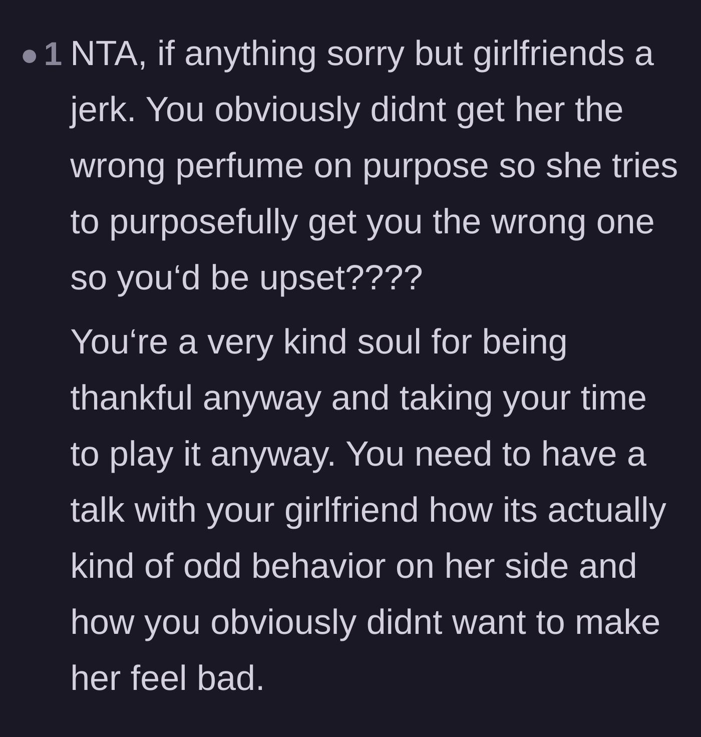 Comment thread 5 - Praise for the boyfriend's genuine gratitude despite the bad gift.