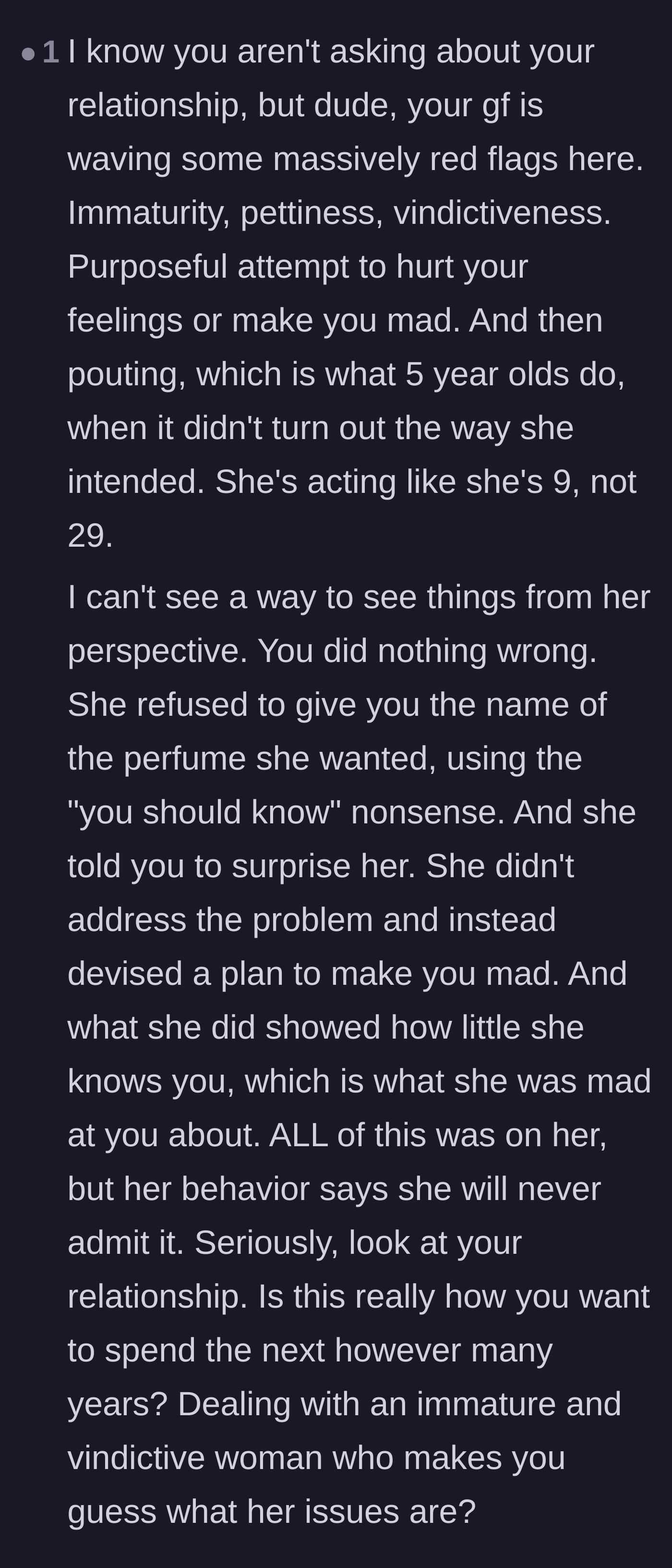 Comment thread 6 - A detailed breakdown of the girlfriend's red flags and the irony of her failed plan.