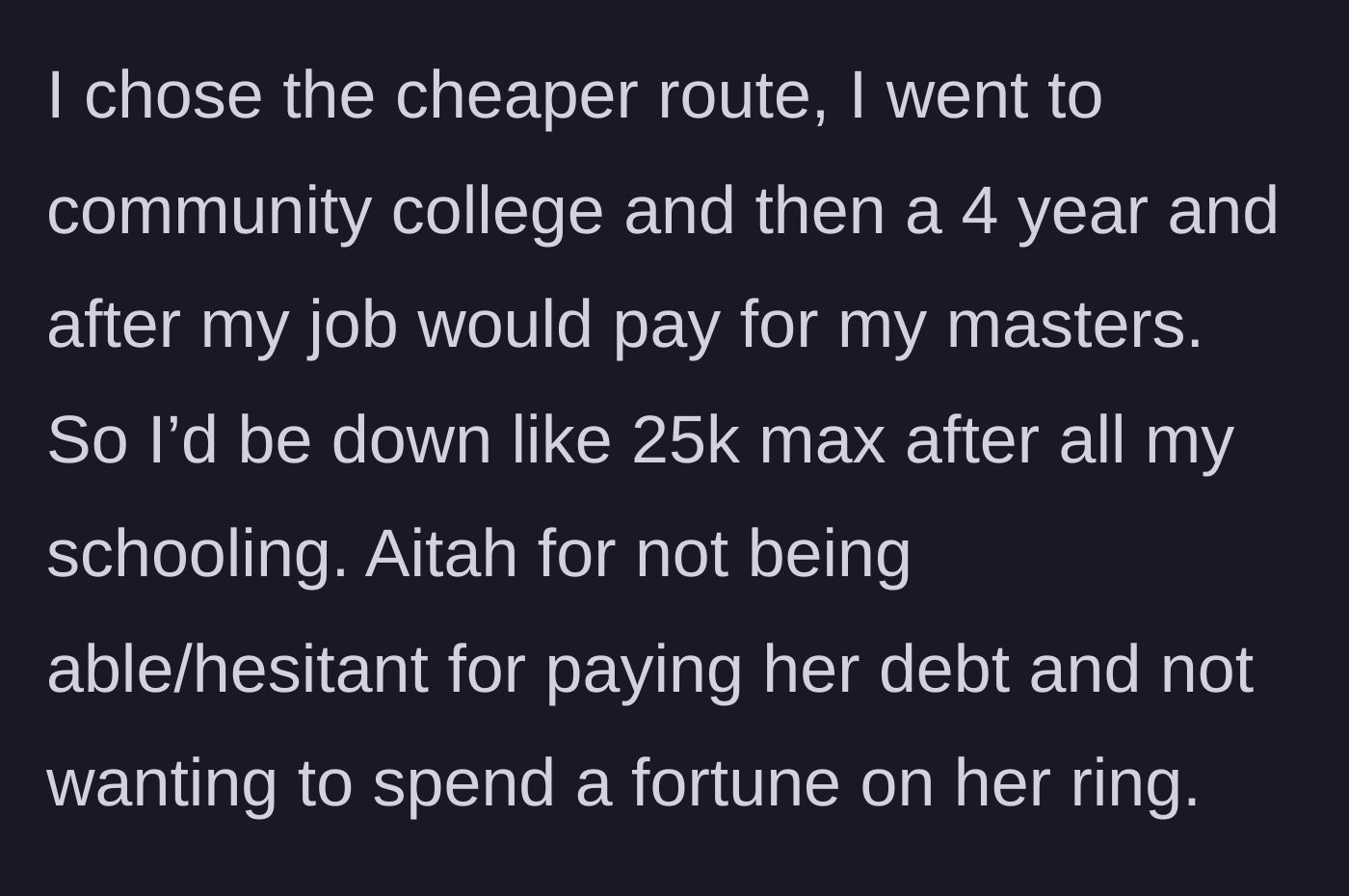 Story part 4 - Boyfriend explains his own frugal life choices and questions if he is wrong to refuse her demands.