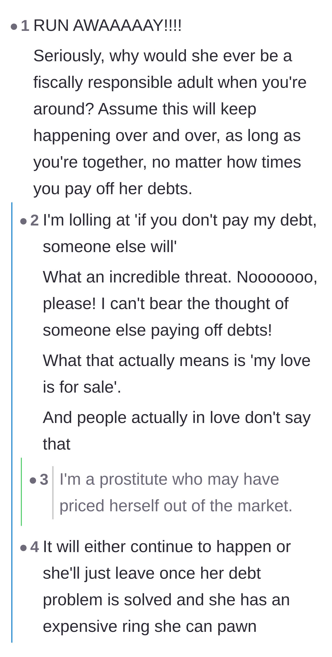Comment thread 2 - Discussion on how paying the debt guarantees a lifetime of financial irresponsibility.