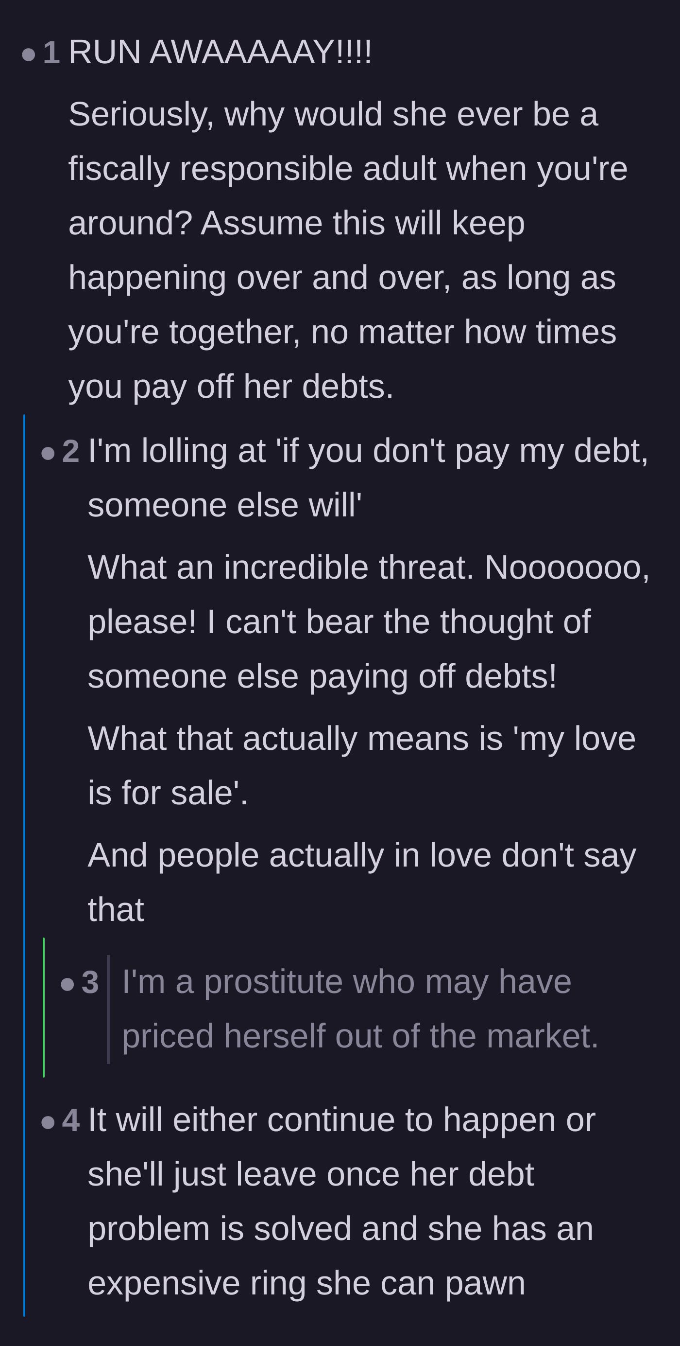Comment thread 2 - Discussion on how paying the debt guarantees a lifetime of financial irresponsibility.