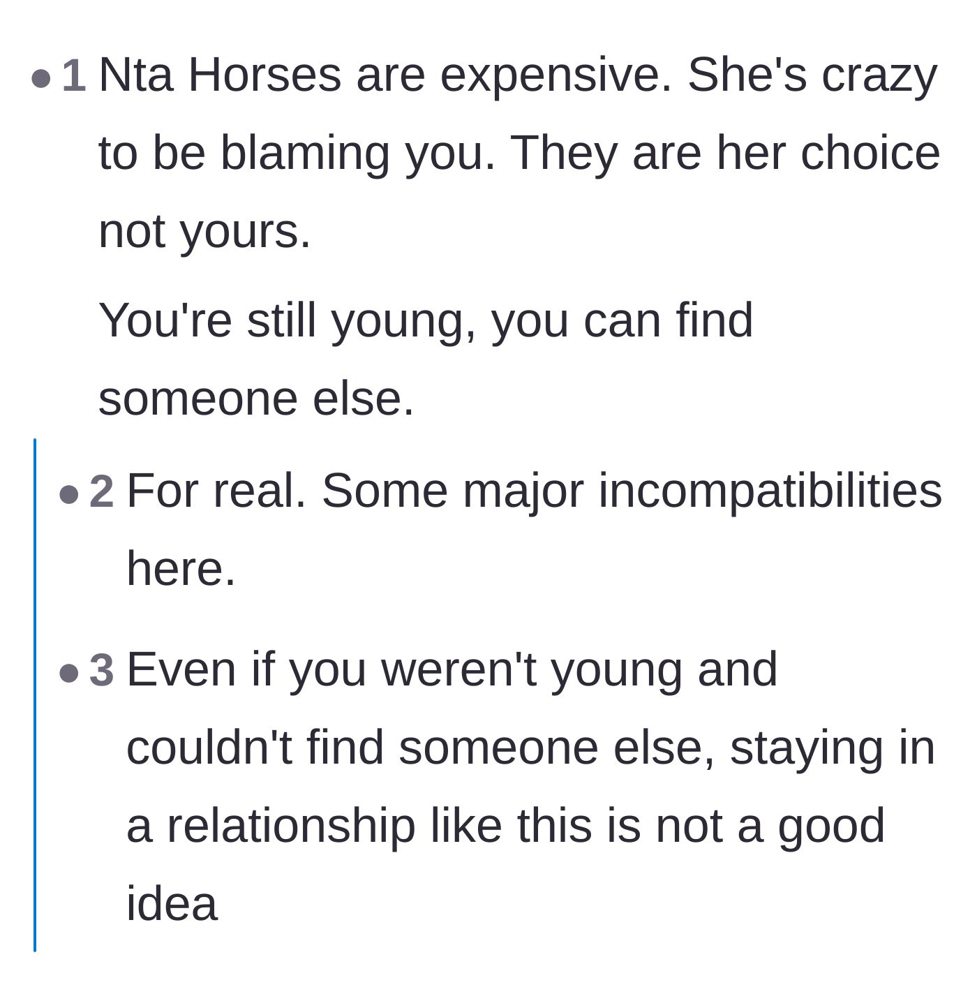 Comment thread 3 - Discussion about the astronomical costs of horse ownership and the impracticality of non-handy people maintaining rural land.