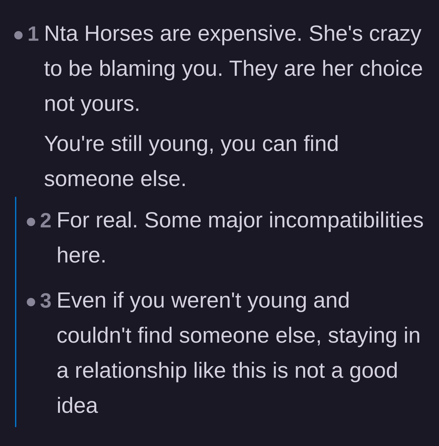 Comment thread 3 - Discussion about the astronomical costs of horse ownership and the impracticality of non-handy people maintaining rural land.