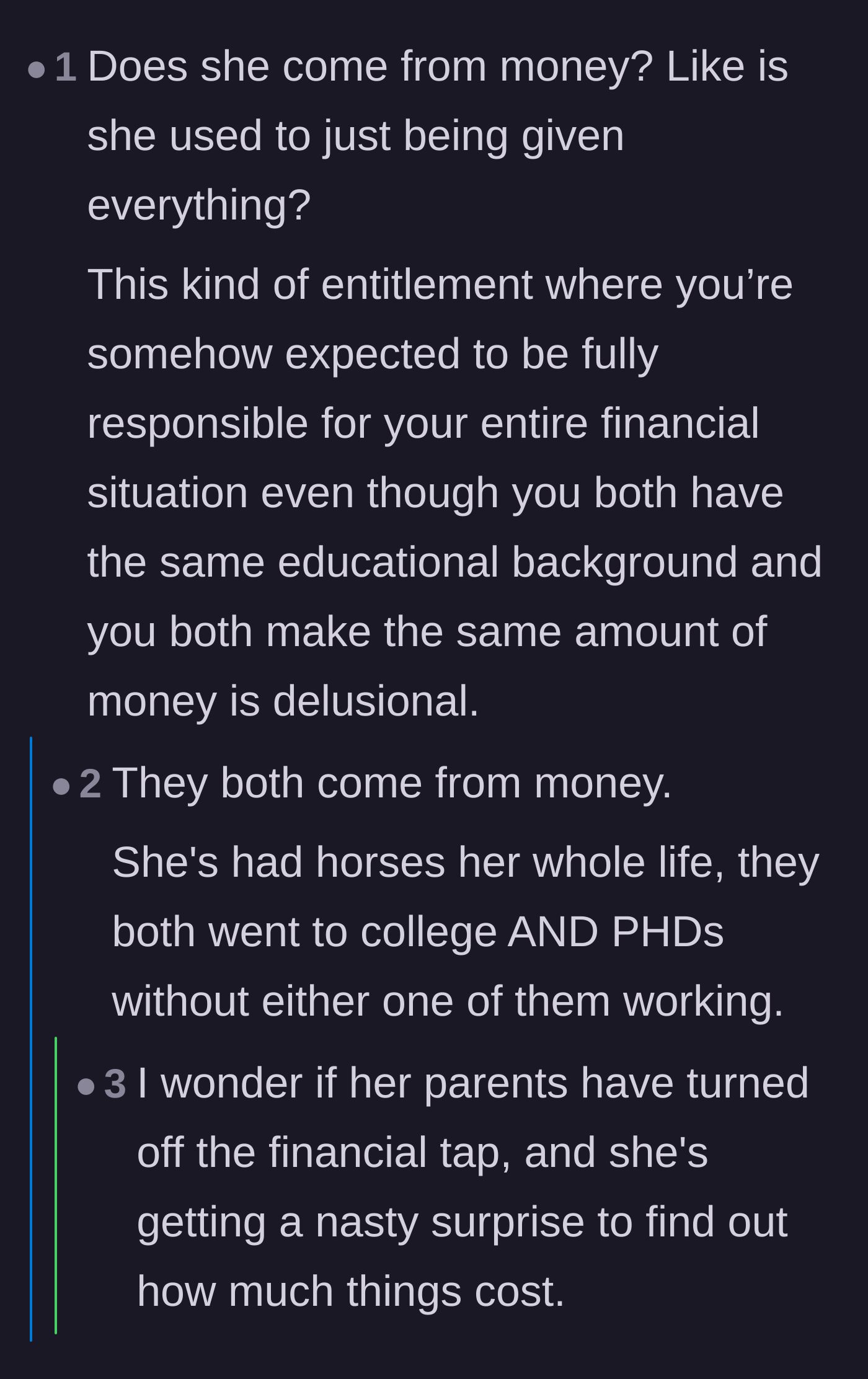 Comment thread 5 - The original poster clarifying they don't come from money, prompting readers to point out the glaring hypocrisy of her demands.