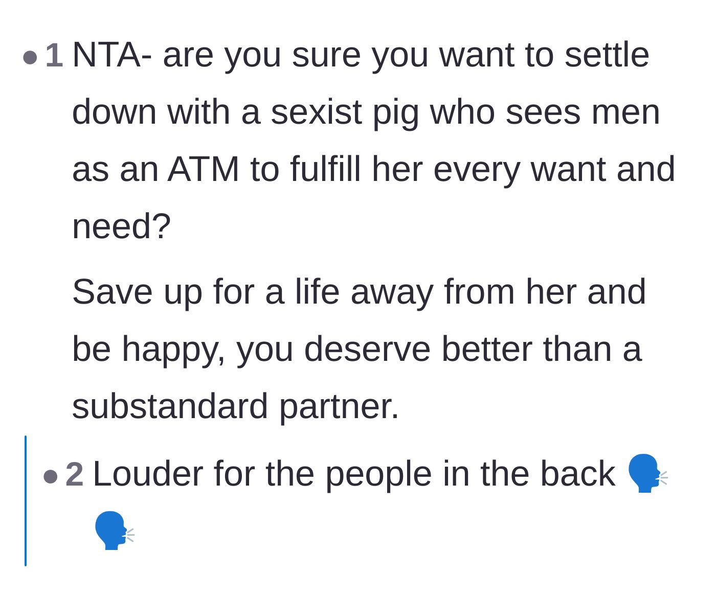 Comment thread 6 - A blunt comment telling him not to settle down with someone who views men as ATMs.