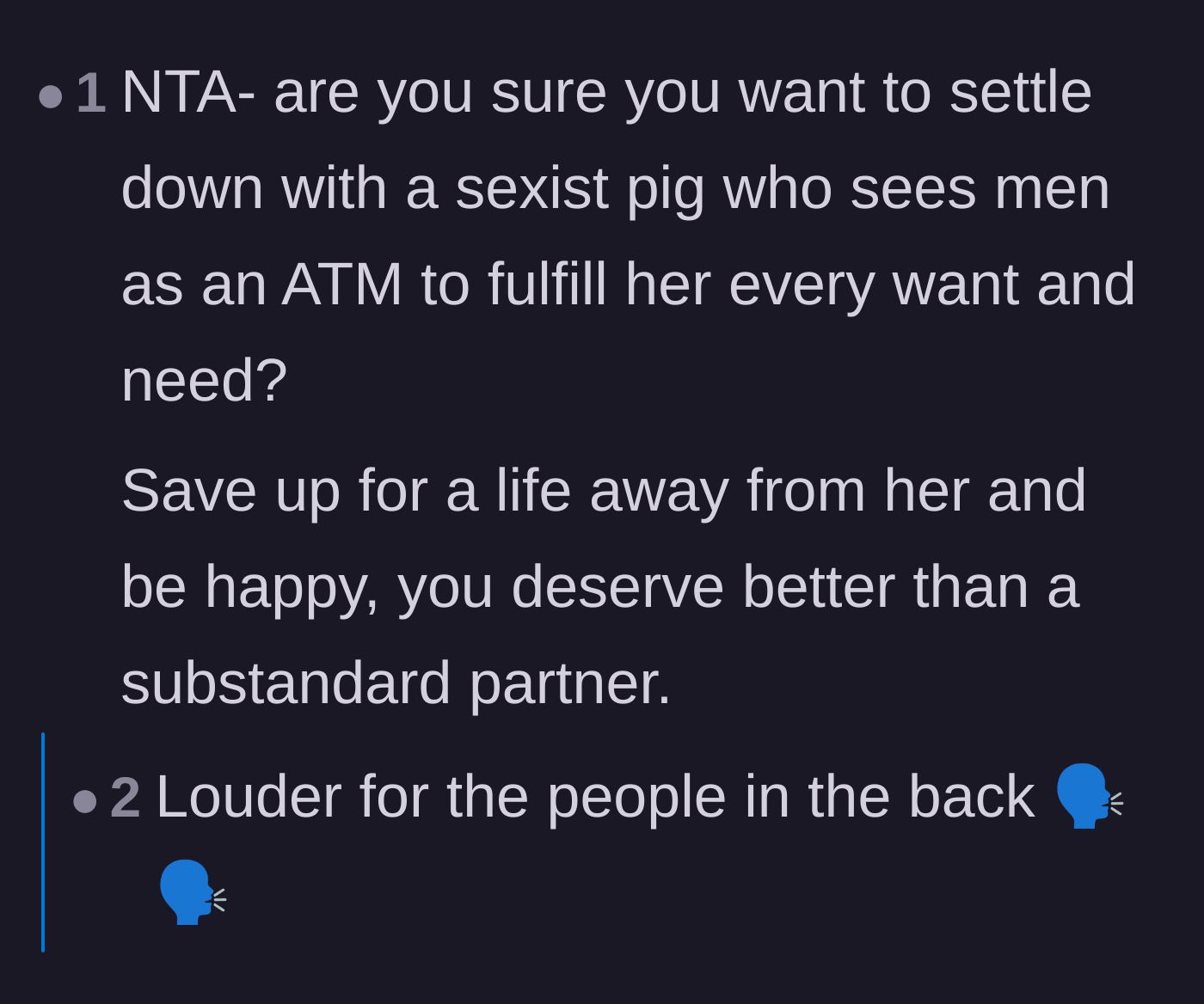 Comment thread 6 - A blunt comment telling him not to settle down with someone who views men as ATMs.
