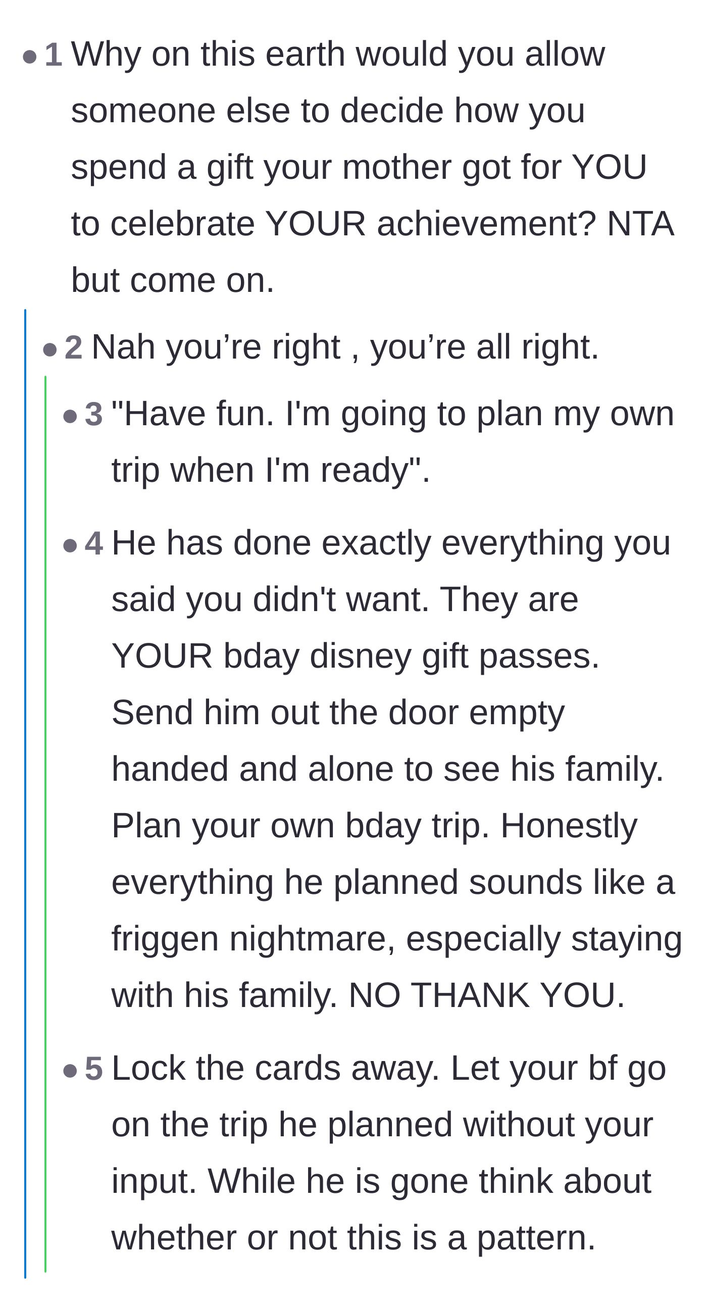Comment thread 2 - Commenters pointing out that the boyfriend completely ignored all of her boundaries for a gift her mother bought her.