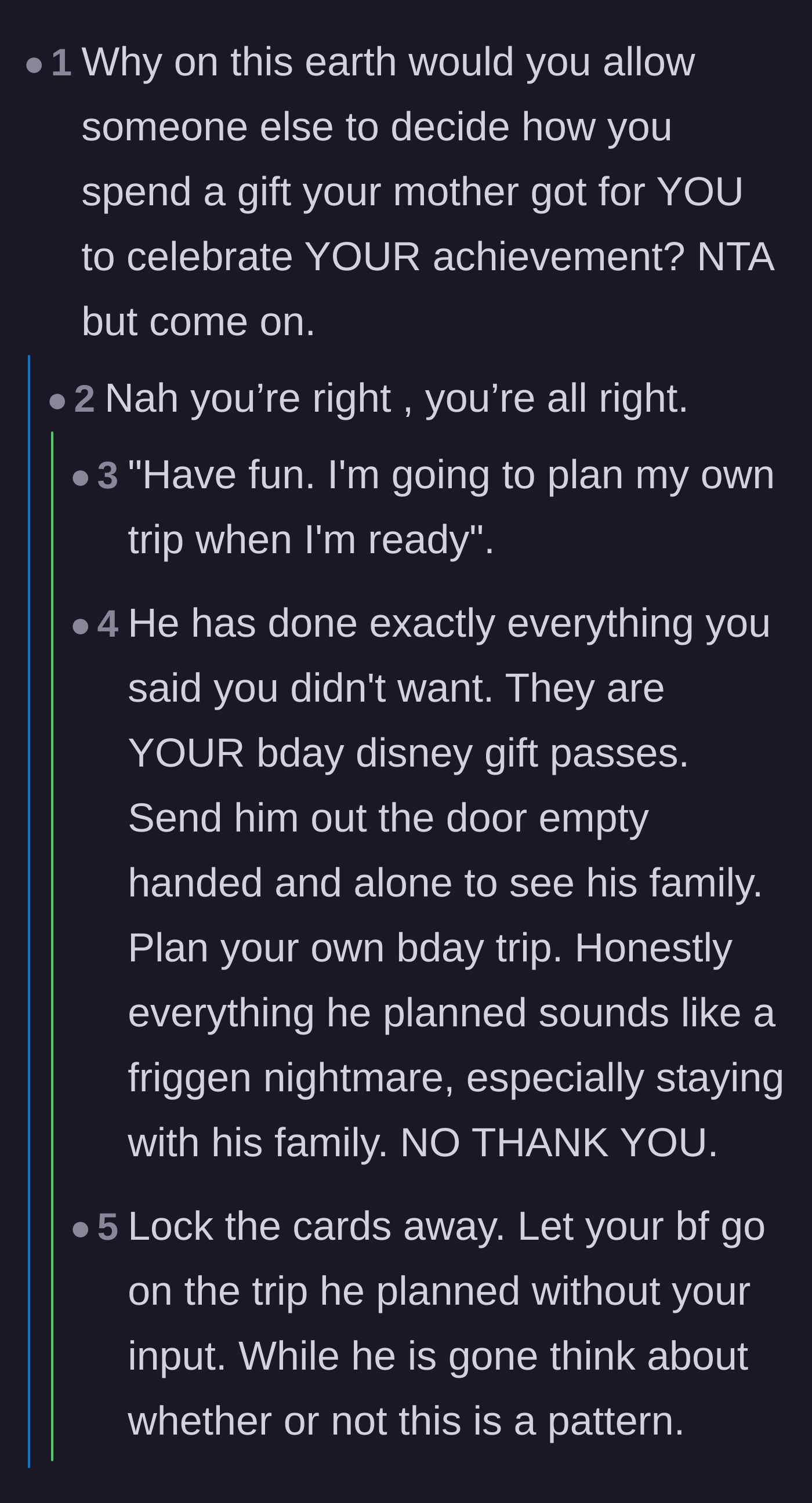 Comment thread 2 - Commenters pointing out that the boyfriend completely ignored all of her boundaries for a gift her mother bought her.