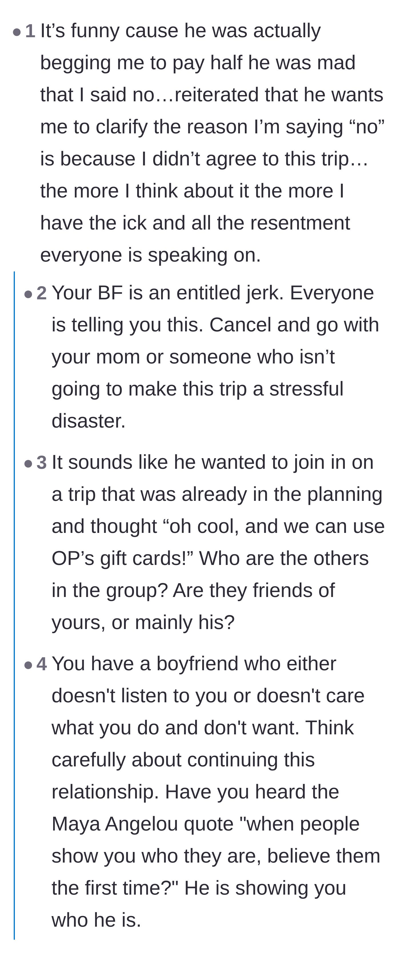 Comment thread 3 - OP admits she got the 'ick' after her boyfriend begged her to pay half, prompting older women to tell her to dump him.
