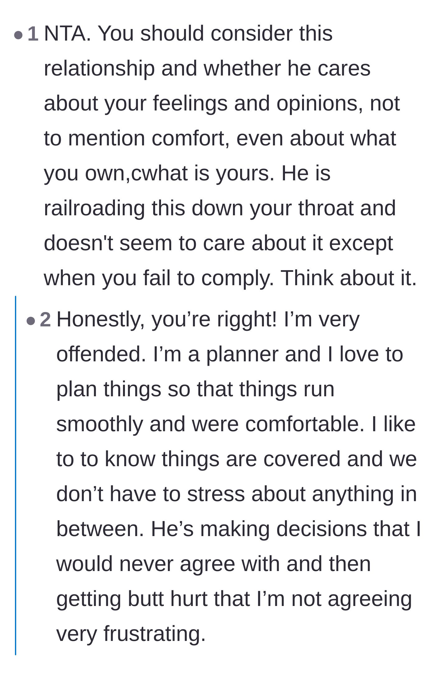 Comment thread 6 - OP explaining she is a planner, and commenters calling out the boyfriend for using her to get a free vacation.