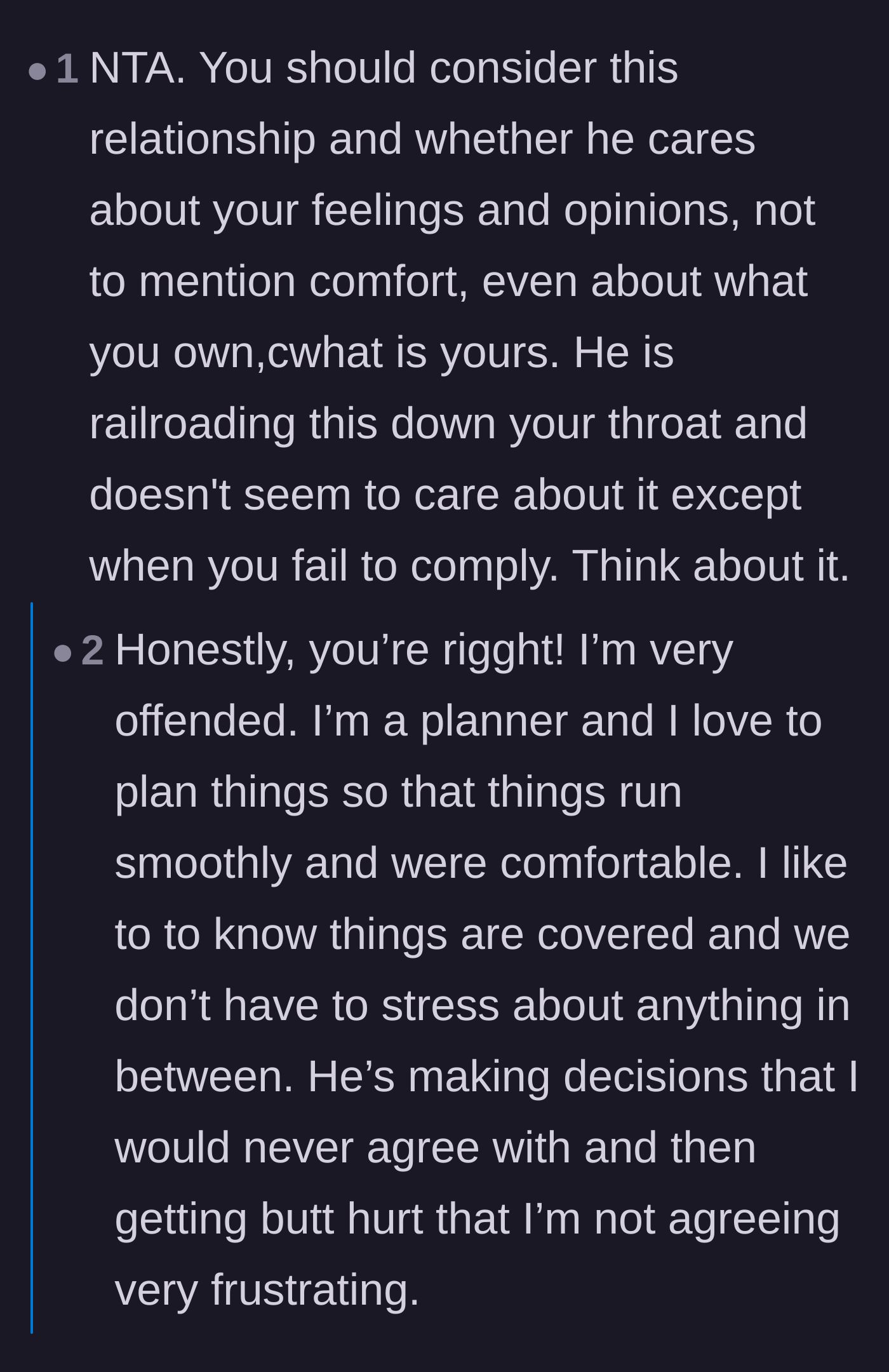 Comment thread 6 - OP explaining she is a planner, and commenters calling out the boyfriend for using her to get a free vacation.