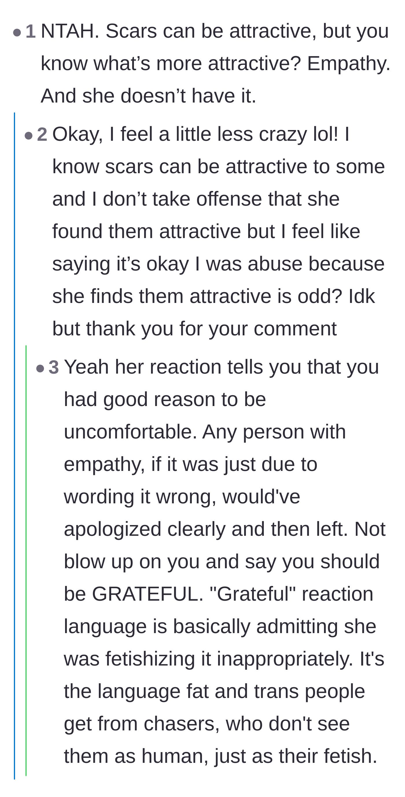 Comment thread 1 - A deep discussion about the difference between finding someone attractive and fetishizing their trauma.